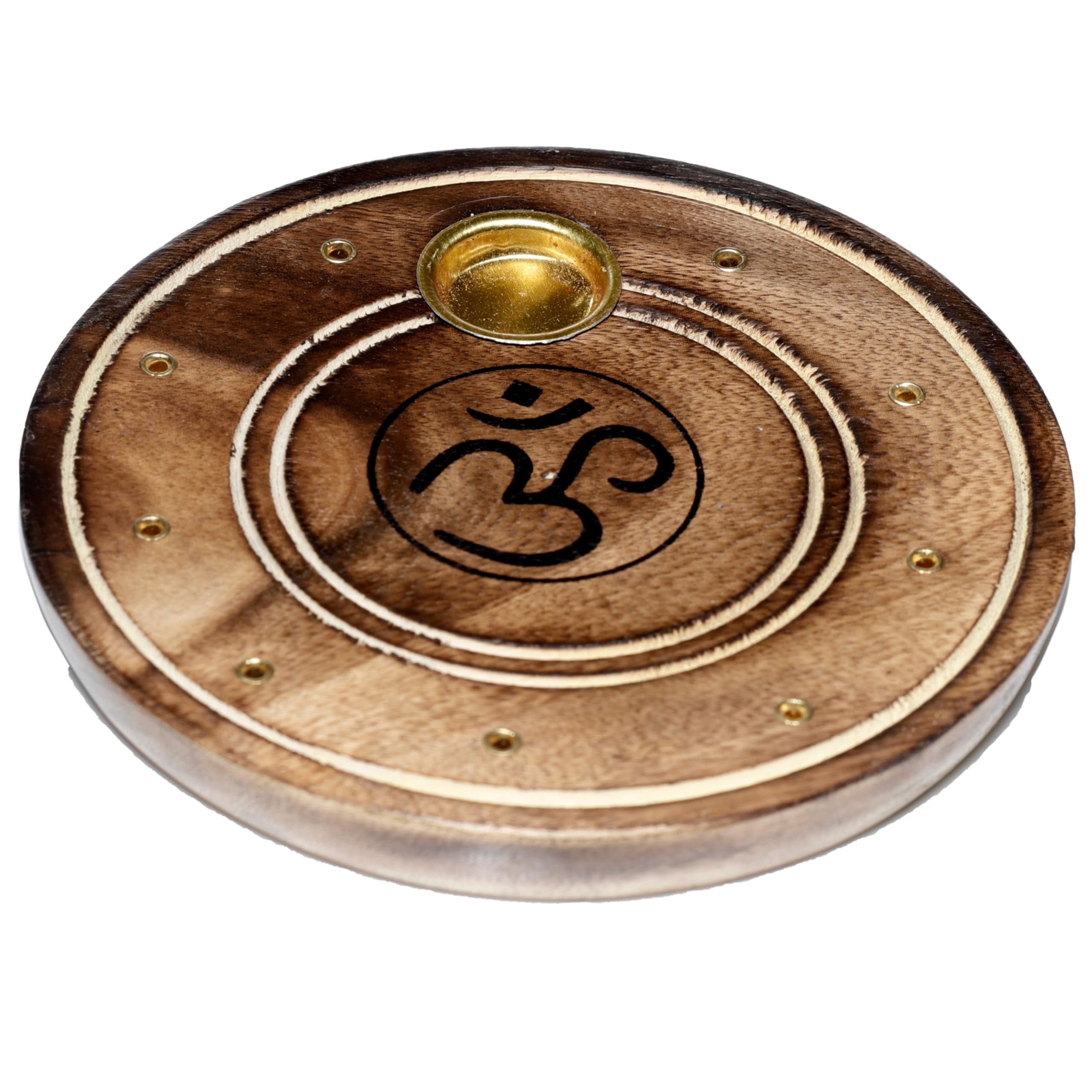 Puckator Mango Wood Round Om Ashcatcher Incense Burner - Zen Spiritual Modern Gothic Home Room Decor Decorations - Meditation Accessories - Stick Sticks Cone Holder Burner Burners
