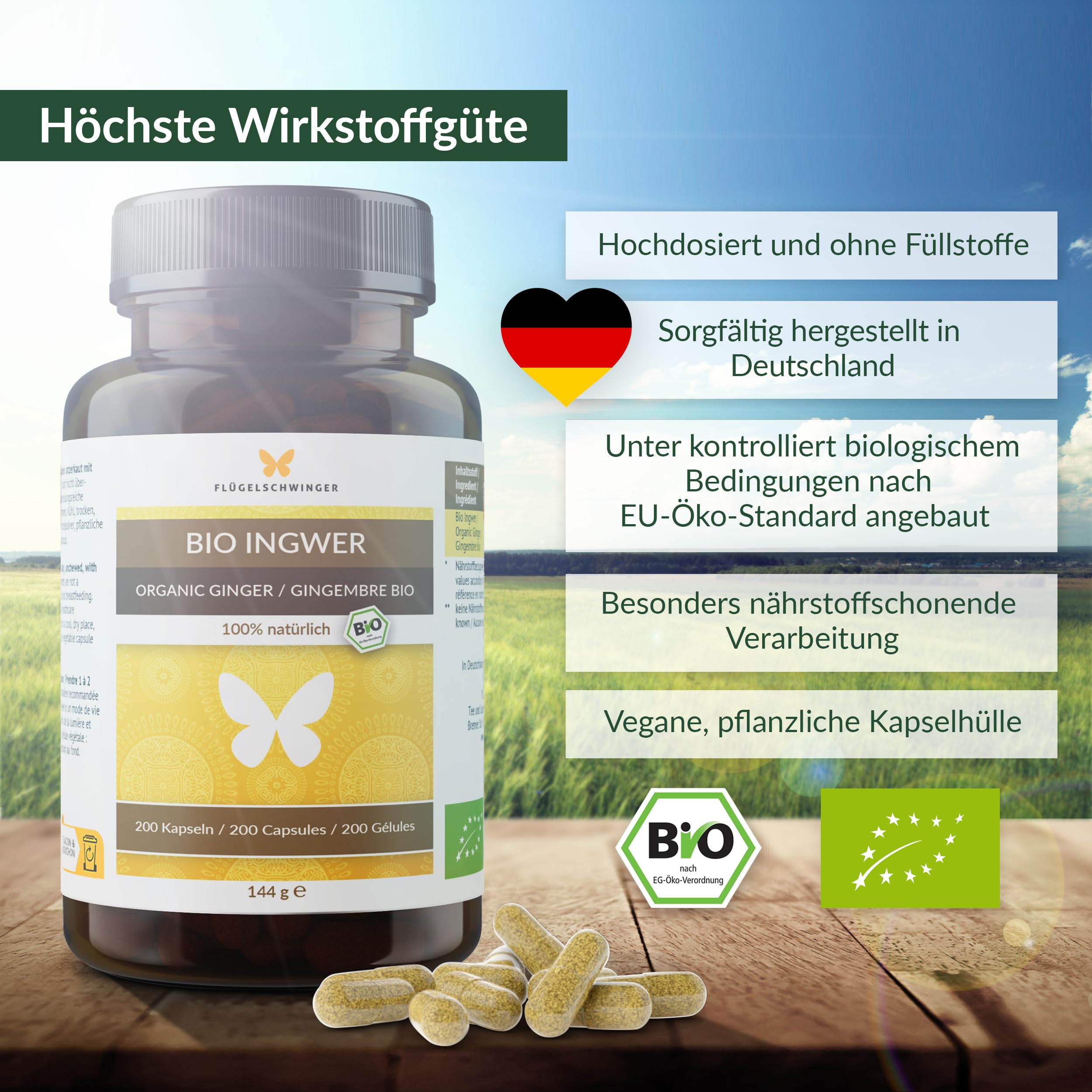200 BIO Ingwer Kapseln a´600 mg, hochdosiert, in Deutschland hergestellt, nach EU-ÖKO-Standard kultiviert, zertifizierte Bio-Qualität, Ginger, vegan