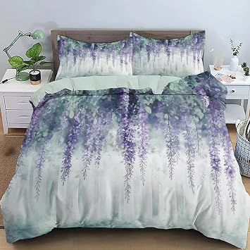 Floral Bedding Set Wisteria Birch Forest Duvet Cover Set 3D Printed Comforter Cover with Zipper Ties 3 Pieces Bed Sets with 2 Pillow Shams King Size, NO Comforter