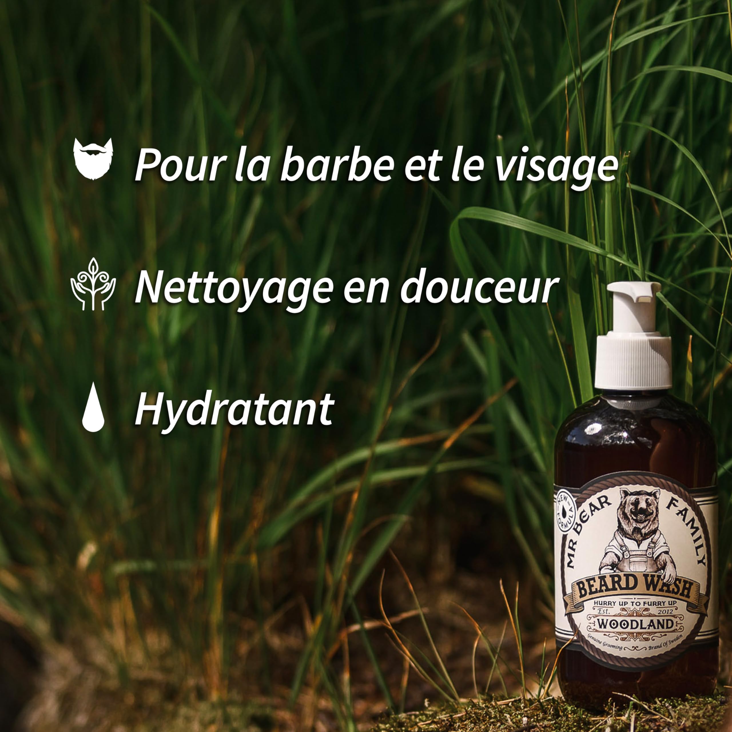 Mr Bear Family Shampoing barbe homme naturel 250ml - Boisé - plus d'hydratation pour une barbe plus fournie et plus saine - 2-en-1 savon à barbe et revitalisant pour barbe - Produit barbe hommes