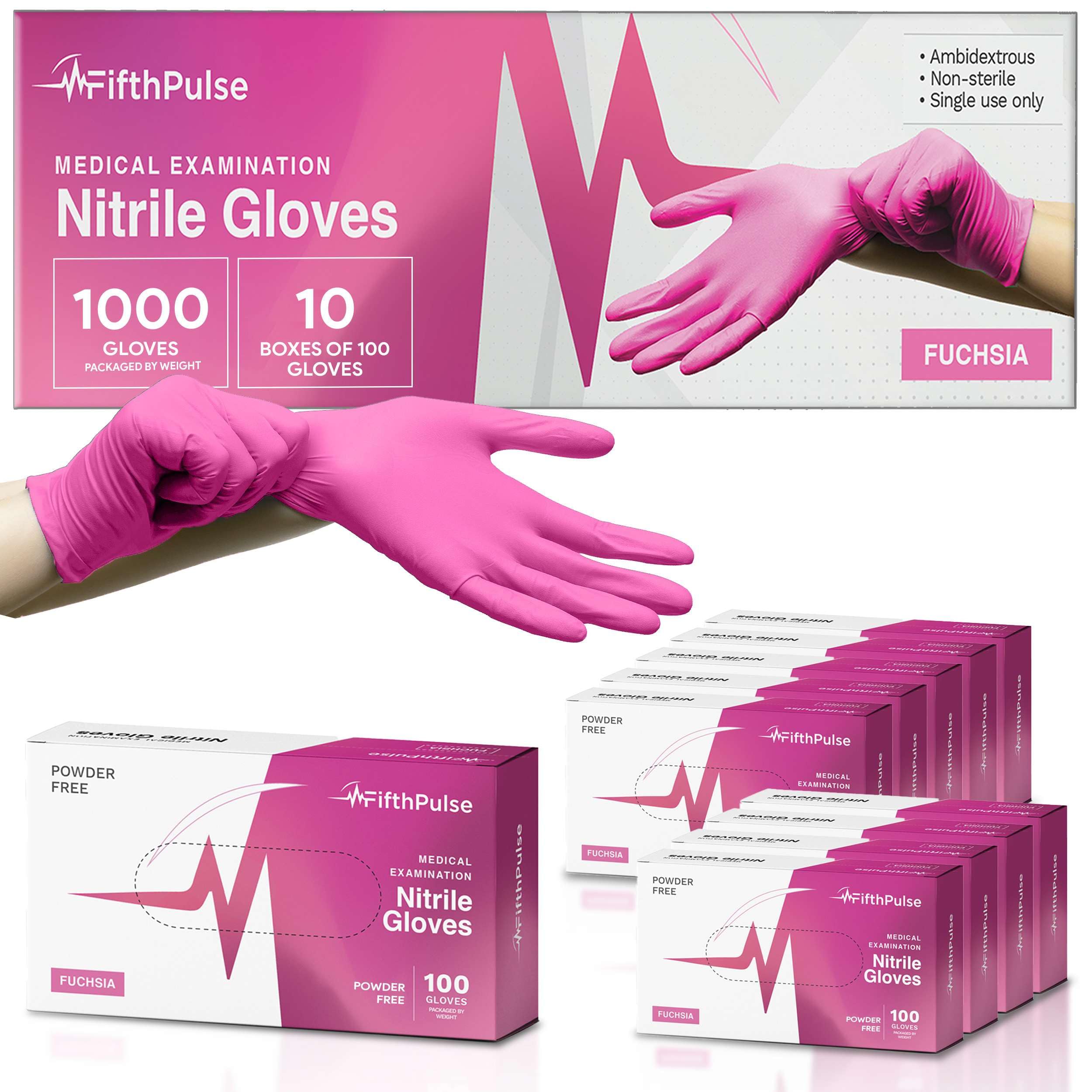 FifthPulse Fuchsia Hot Pink Nitrile Disposable Gloves - 3 Mil Nitrile - Powder and Latex Free - Surgical Medical Exam Gloves