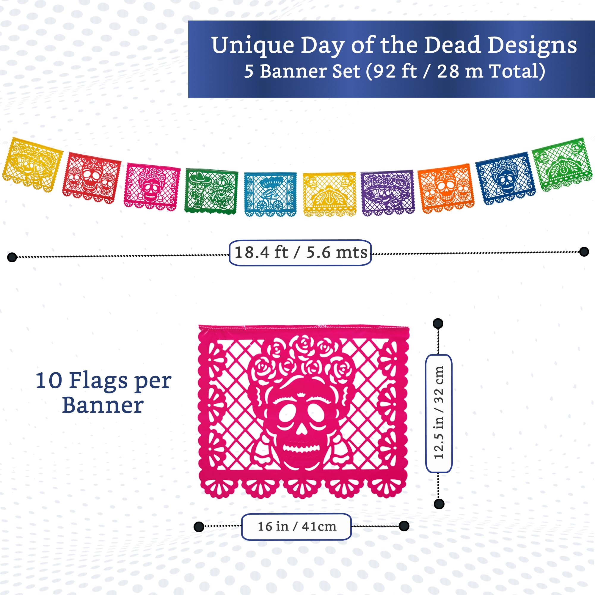 Mexican Party Banners (5 Pack with 10 Plastic Flags per Banner),Papel Picado Dia de los Muertos Decorations for Altar,Day of the Dead Banners,Fiesta Party Decorations,Mexican Banners for Parties - Image 2