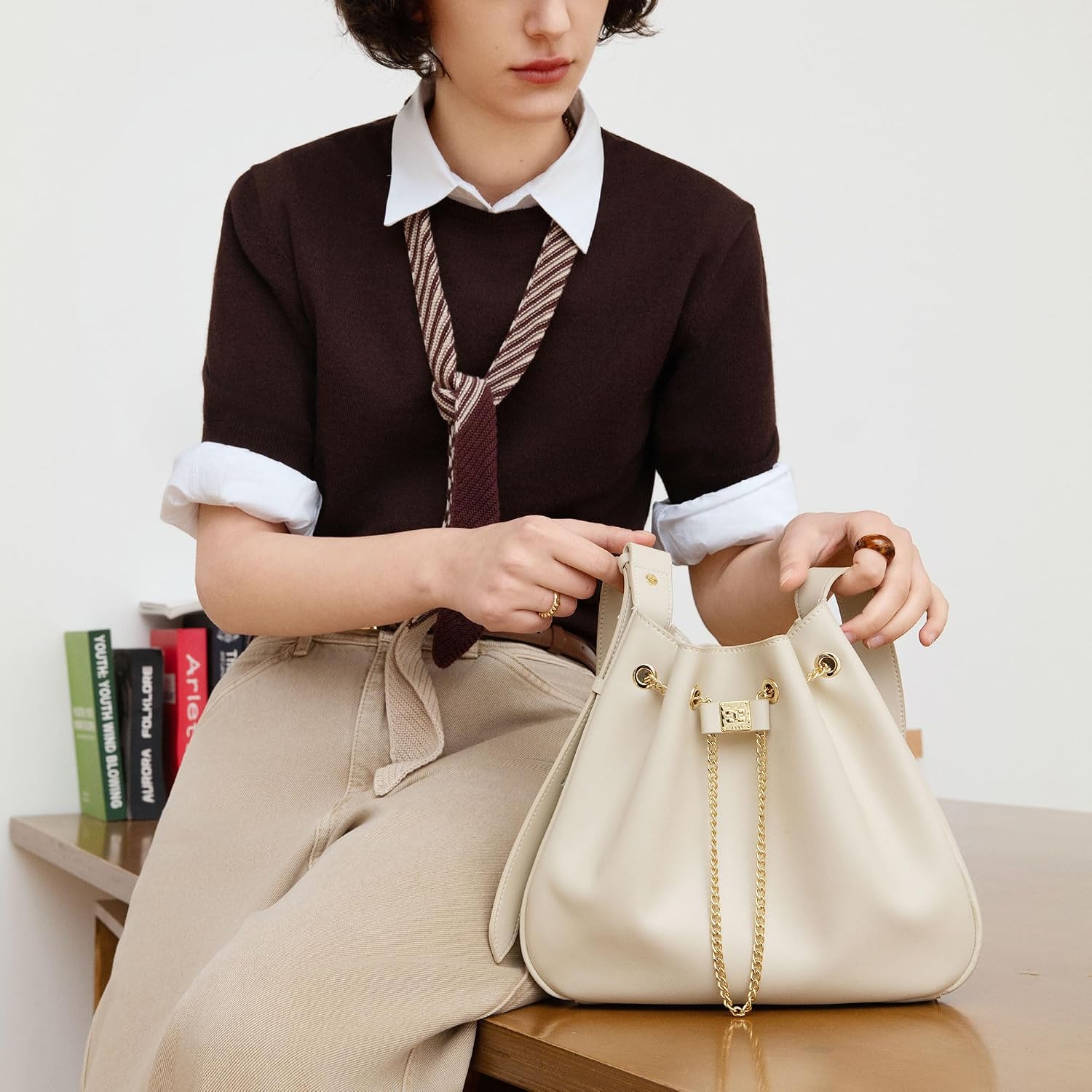 ELLE Women's Soft Leather Bucket Shoulder Bag with Chain Drawstring