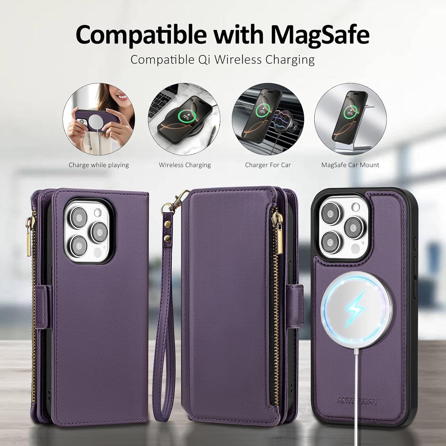 Antsturdy Compatible with Magsafe Magnetic 2 in 1 Detachable iPhone 14 Pro Wallet Case with Credit Card Holder Slots,PU Leather RFID Blocking Phone Cover Wrist Strap Zipper Women Men,Purple - Image 5