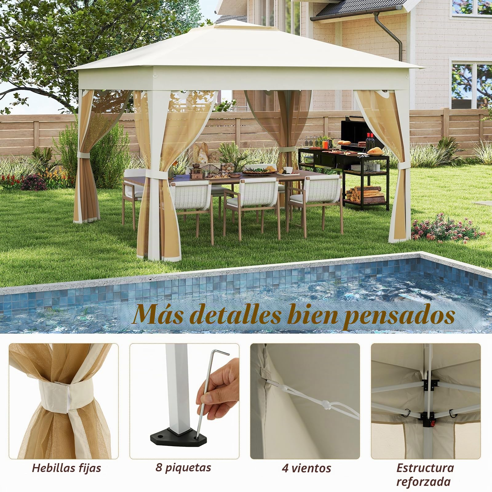 RELAX4LIFE Pérgola de Jardín 3,38x3,38m, Carpa Plegable con Mosquitera | 3 Alturas Ajustables, Bolsa de Transporte y Techo Doble, Cenador para Camping, Fiestas, Boda