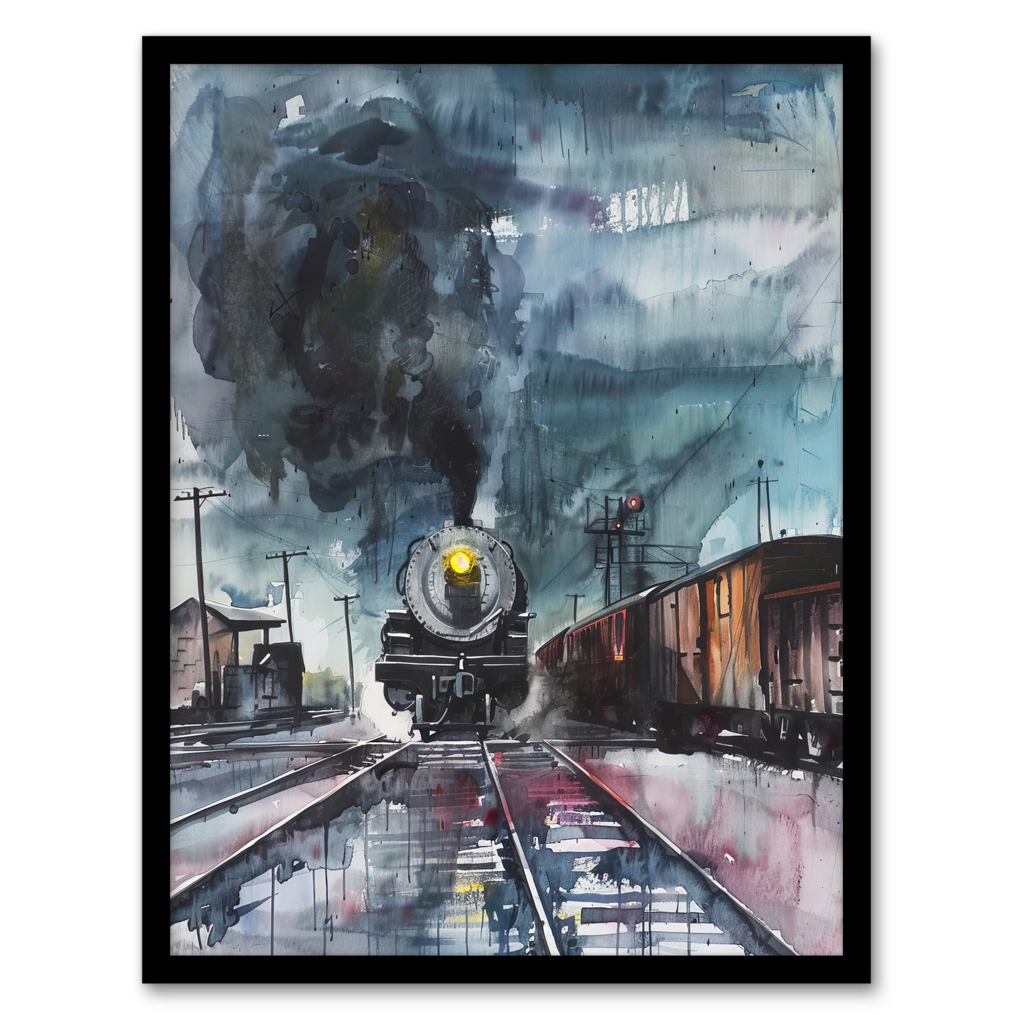 Artery8 Steam Train Arrival Yard Stormy Day Watercolour Living Room Artwork Framed Wall Art Print 18X24 Inch