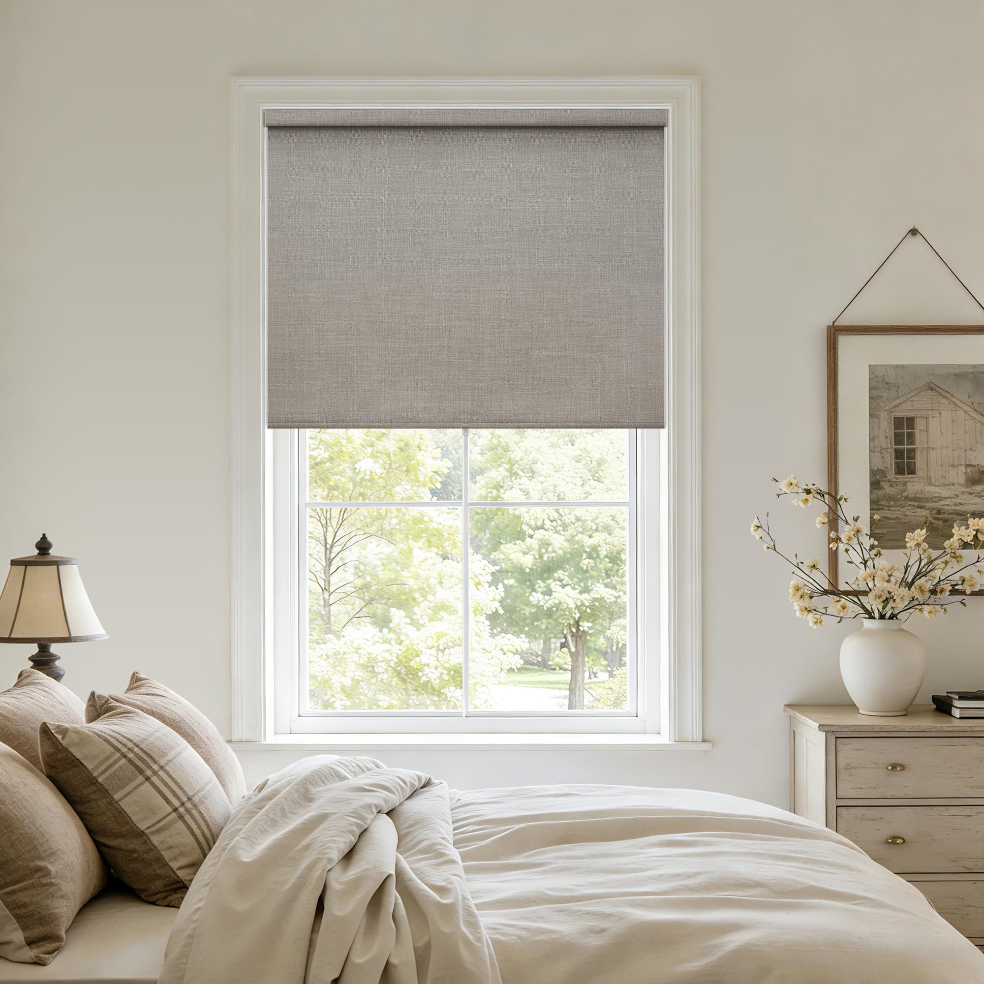 100% Blackout Roller Shades for Windows Cordless Linen Fabric Roller Blinds Thermal Insulated Fabric UV Protection Shades for Home Office Bedroom Door Bathroom Winodow Free-Stop System 31" W x 72" H