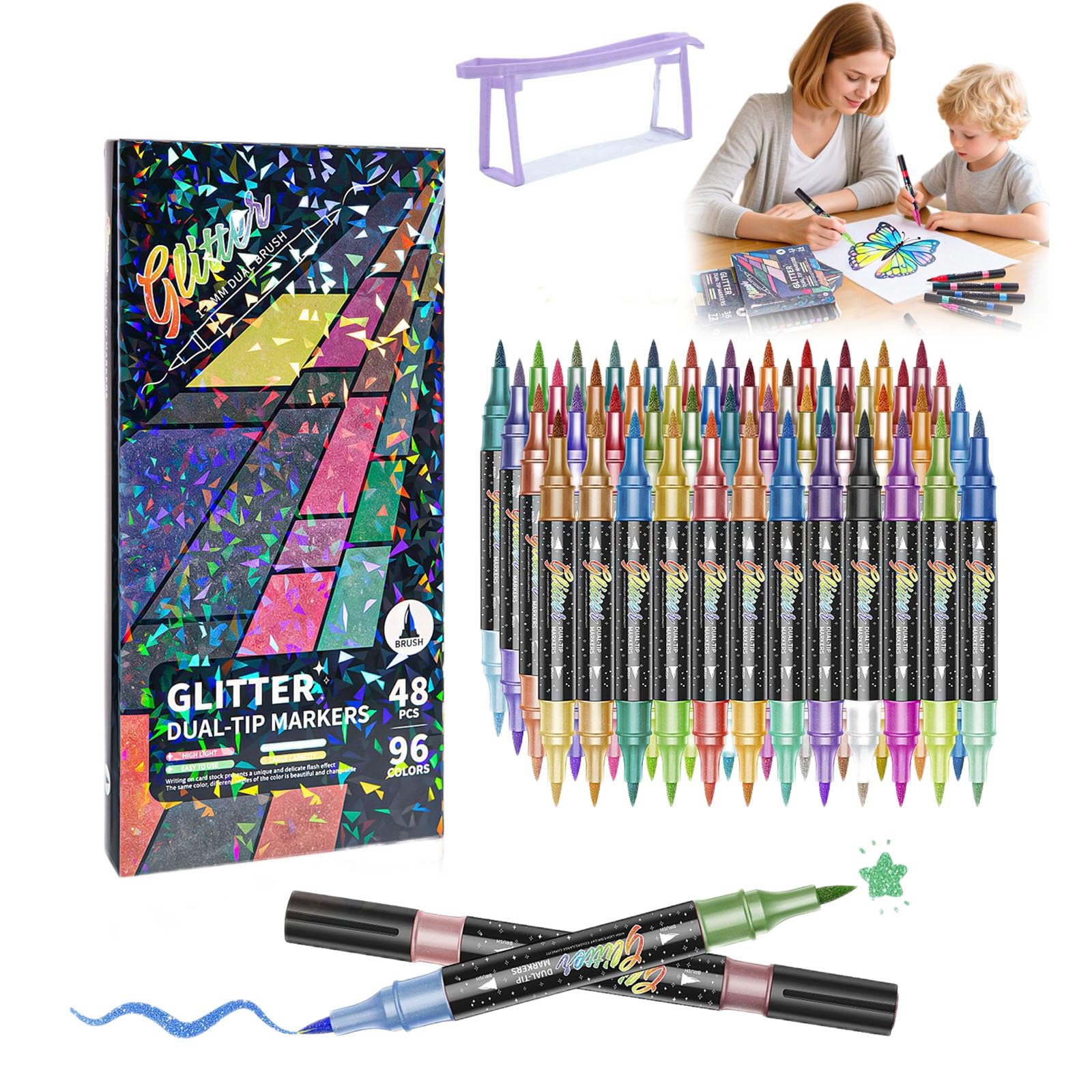 Glitter Colouring Pens for Adults & Kids, Dual Tip Brush Marker Pens Set with Metallic Sparkle Effect, Felt Tip Art Supplies for Calligraphy, Scrapbooking, Card Making and DIY Crafts (96 colors)