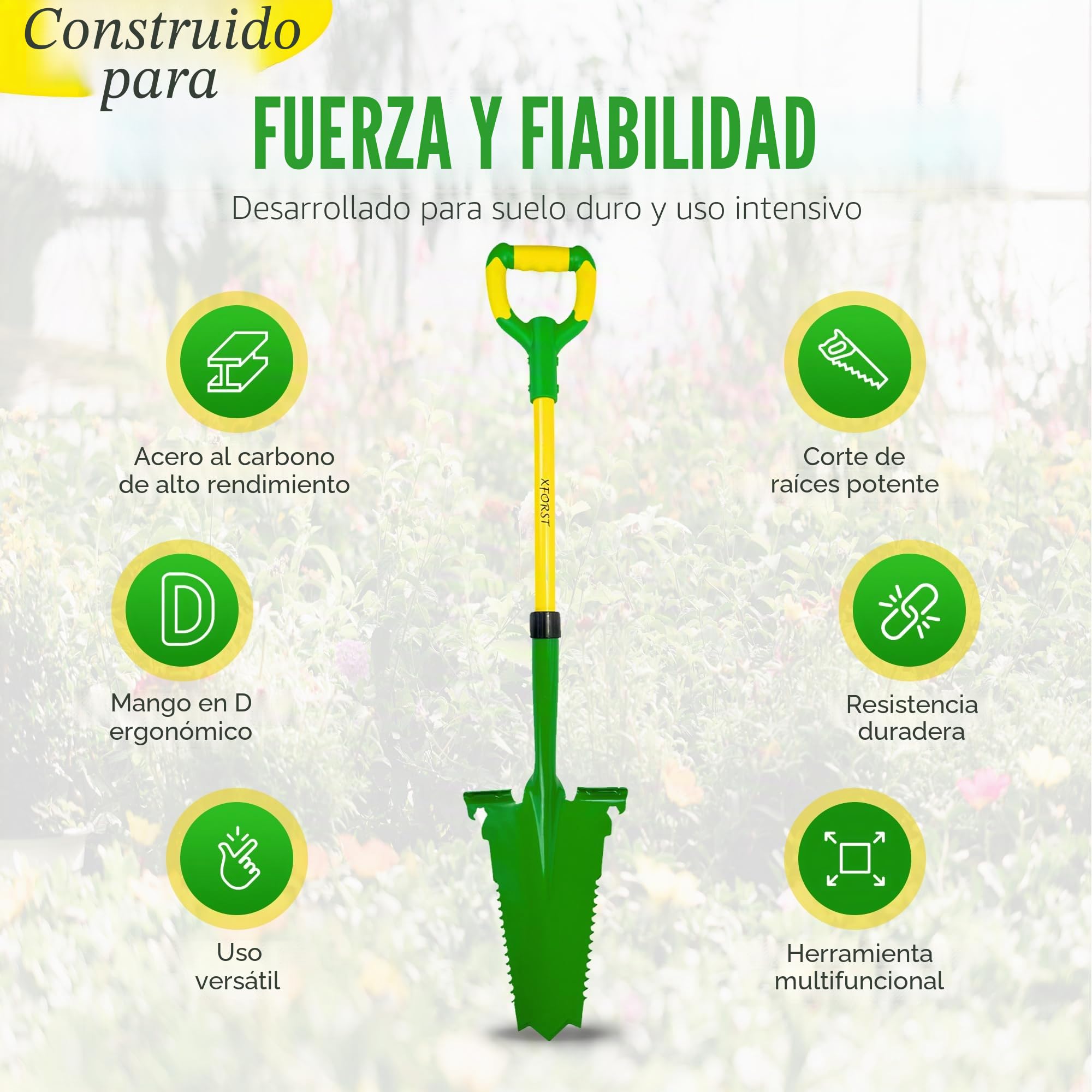 Xforst Pala de Jardín SZ-3 – Pala con Sierra de Raíces 114 cm – Hoja de Acero al Carbono 25×35 cm – Mango de Fibra de Vidrio Amarillo con Empuñadura Ergonómica – Herramienta de Jardinería y Exterior