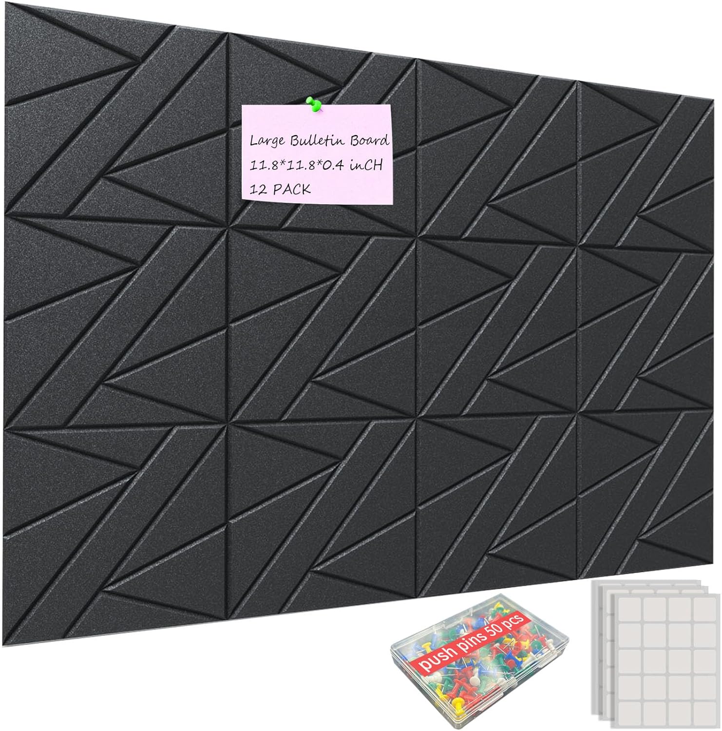 Large Bulletin Board & Cork Board for Walls, 12 Pack with 50 Thumbtacks, Pin Board Vision Board for Home Office, Office Organization, Student Dorm, Creative Studio - Black, 47.2"x 35.4"x 0.4"