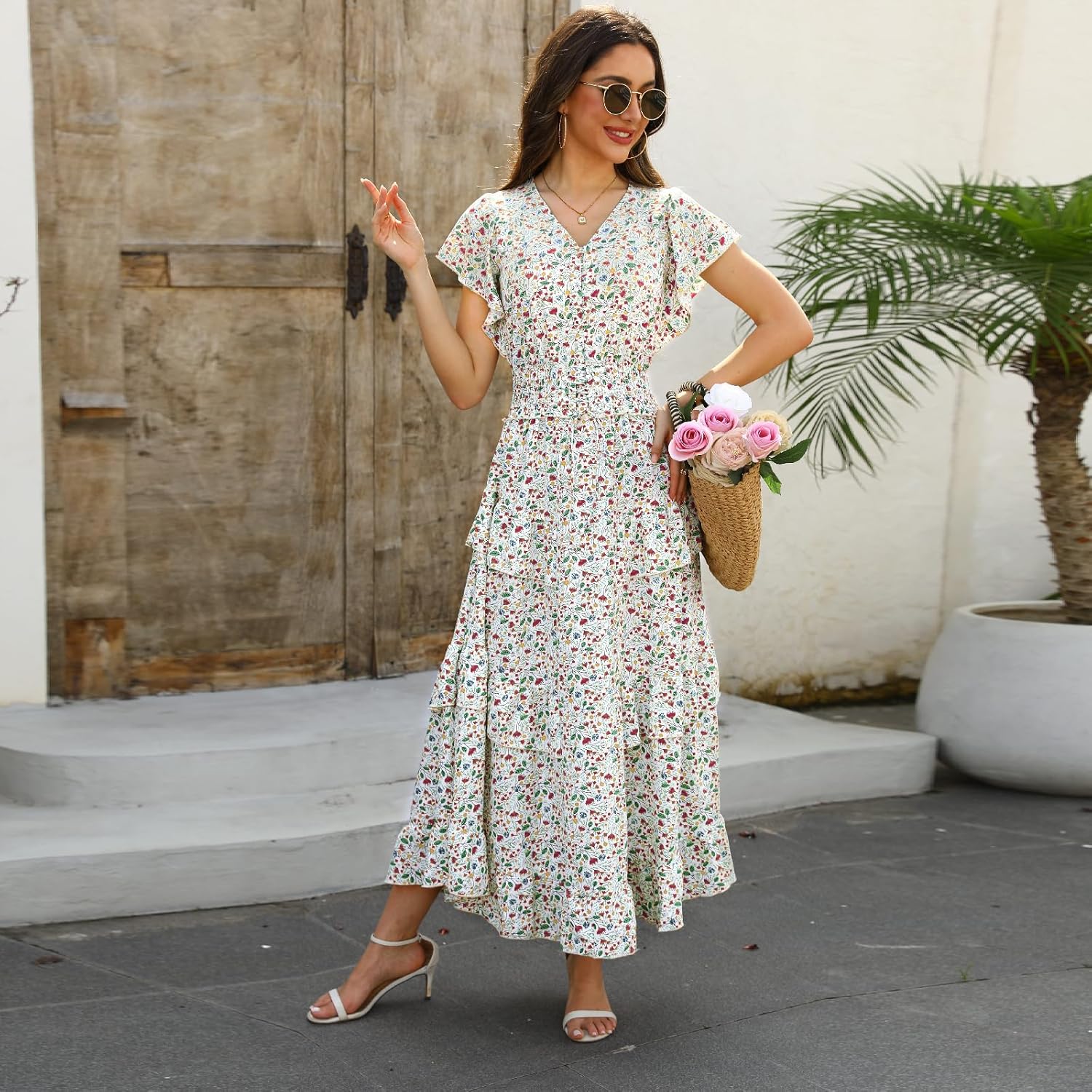 Womens Summer Floral Dress 2025 V Neck Short Sleeve Chiffon Boho Flowy Beach Casual Maxi Long Dresses for Women - Image 2