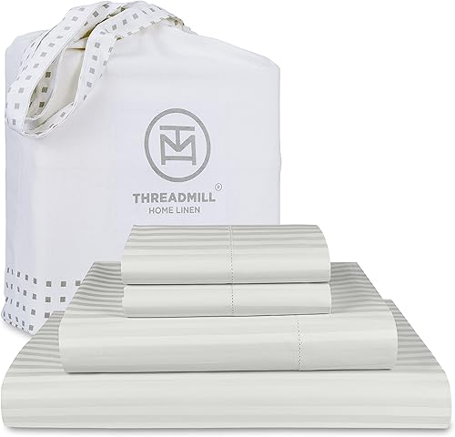 Threadmill Sábanas de tamaño queen, 100 % algodón, 600 hilos, 4 piezas, diseño de damasco, rayas, gris claro, calidad de hotel, algodón peinado de