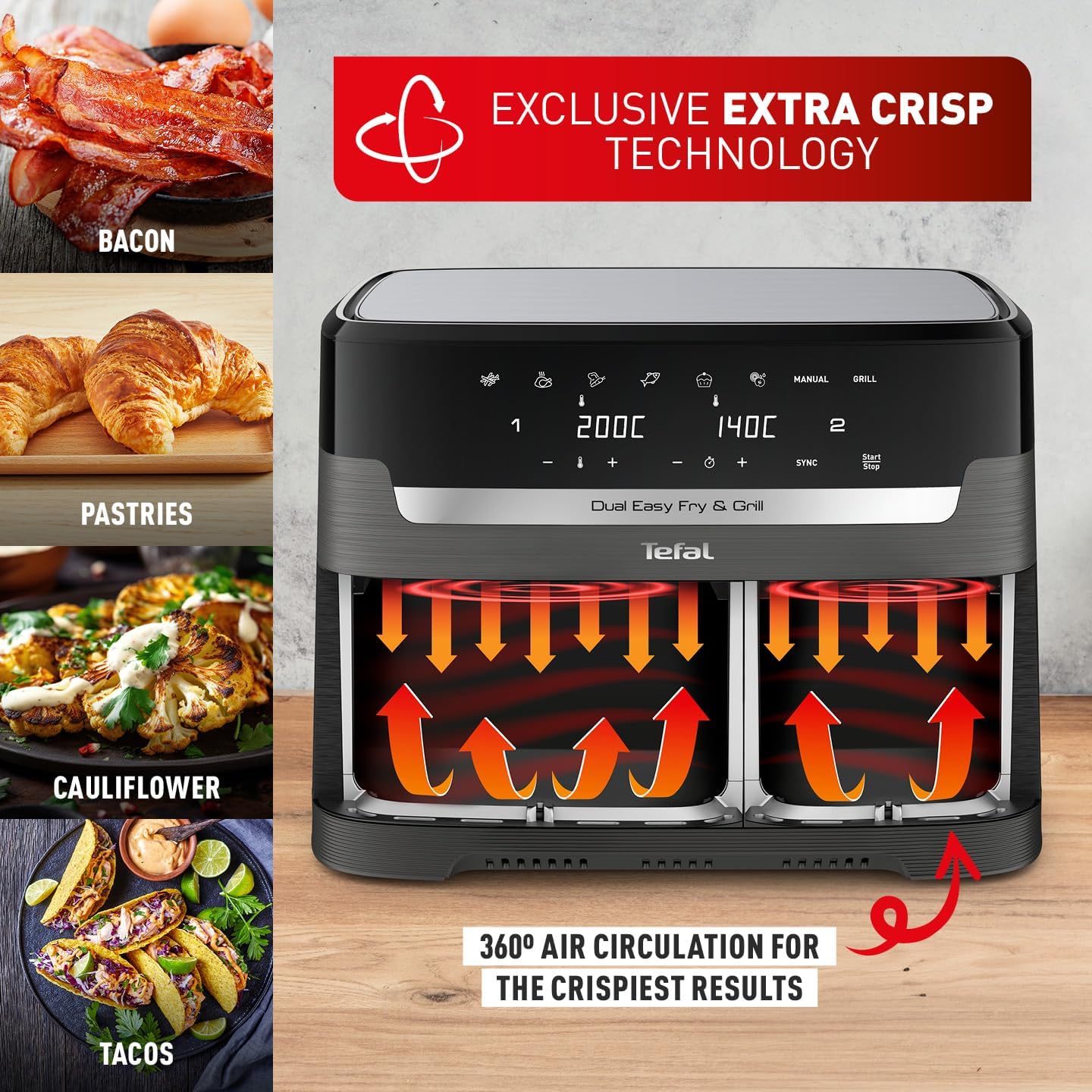 Tefal Easy Fry Dual Zone Digital Air Fryer, 2 Drawers, 8.3L, 8-in-1, Oil-free, Air Fryer, Extra Crisp, Roasting, Baking, Heating, Dehydrating, 6 Servings