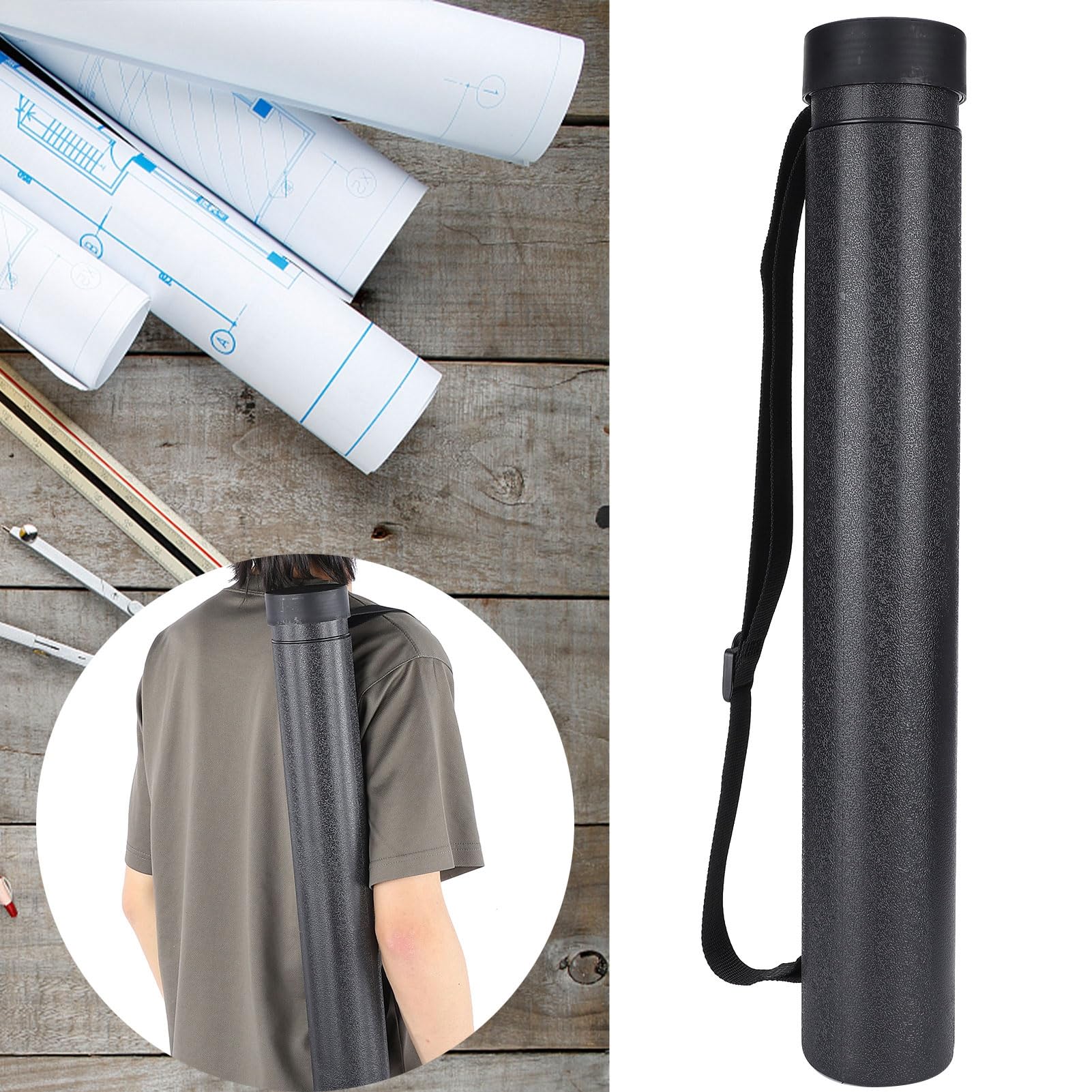 Gsycle Extendable Poster Tube with Strap, Plastic Painting Tube Poster Bag Art Carrying Case Map Storage for Storage, Poster Holder Tube, Blueprint Tube (Black)