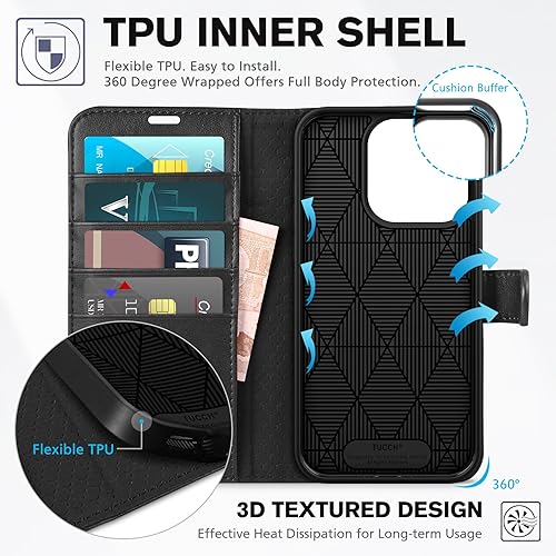 Miniatura 5 de TUCCH Funda tipo cartera para iPhone 15 Pro, funda protectora carcasa interior de TPU a prueba de golpes, piel sintética bloqueo RFID 4 tarjetas