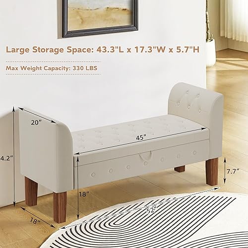 Miniatura 15 de Awonde Banco de almacenamiento armado para dormitorio, entrada, sala de estar, banco otomano tapizado copetudo, color gris Gris,Beige,Gris