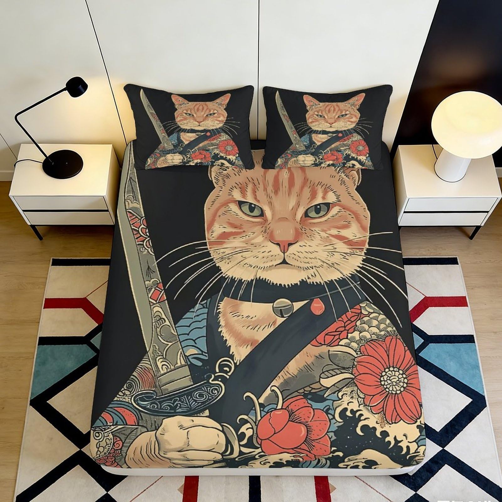 3D Printed Samurai Cat Fitted Sheet Microfiber Artistic Sword Warrior Bed Cover for Bedroom Dorm Decor 90x200x25cm