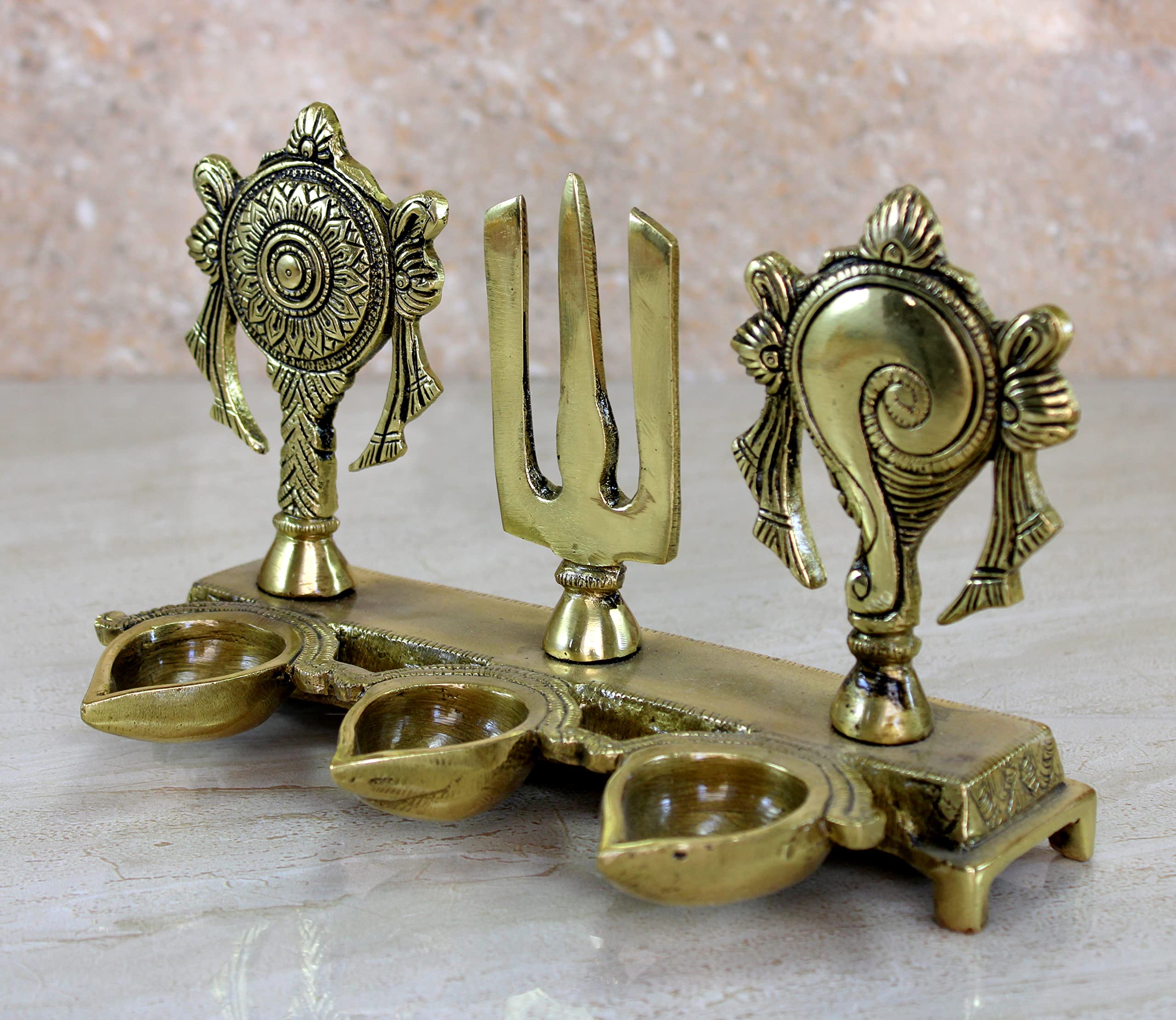 eSplanade Brass Shankh Chakra Namah Diya Showpiece | Shankha Chakra Tilak | Shankha Gada Padma | Padmanabha Swami | Vishnu | Home Decor - 8.8" Inches - Image 4 thumbnail