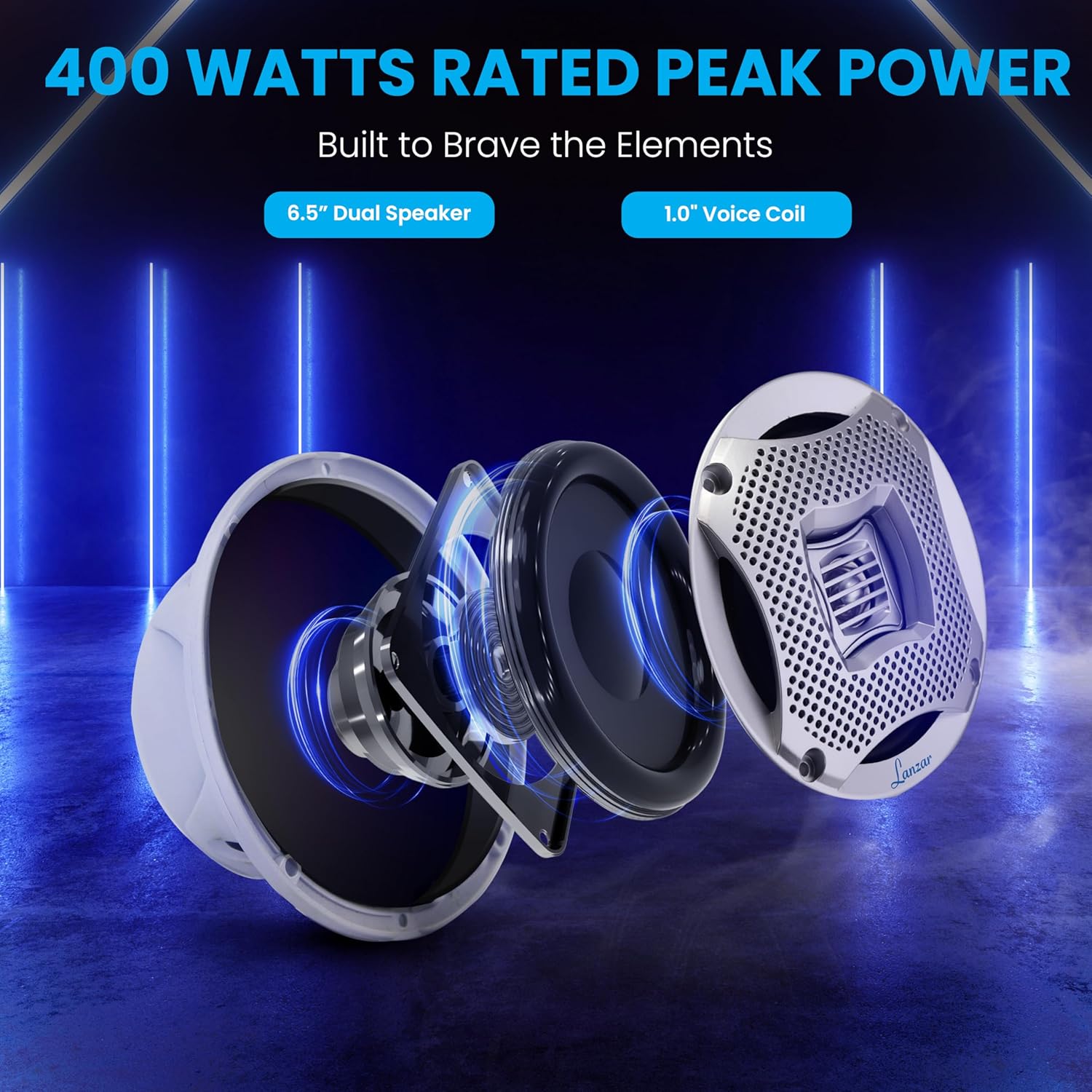 LANZAR 6.25 Inch Marine Speakers - 2 Way Water Resistant Audio Stereo Sound System with 400 Watt Power, Attachable Grills and Resin Treatment for Indoor and Outdoor Use - 1 Pair - AQ6CXS (Silver)