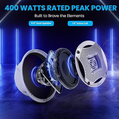 Miniatura 5 de Lanzar Altavoces marinos de 6.5 pulgadas, sistema de sonido estéreo de audio resistente al agua de 2 vías con potencia de 400 W, parrillas