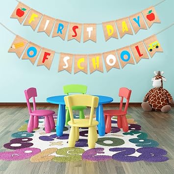 HOWAF First Day of School Burlap Banner, Back to School Burlap Banner for Welcome Back to School Classroom Decor, First Day of School Supplies Flag, First Day of School Bunting Garland for School