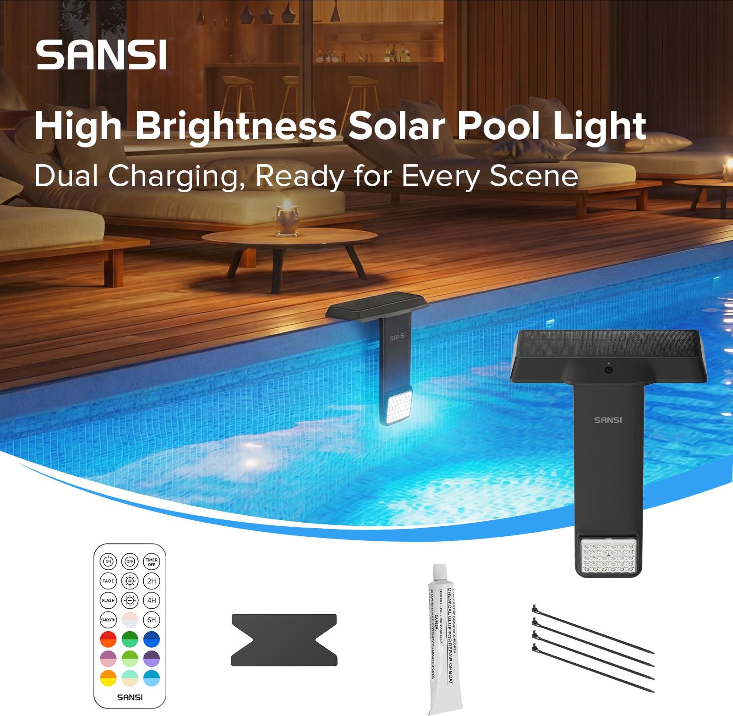 SANSI Luces Solares Para Piscina RGB 150° IP68 Impermeables Sumergibles Carga Solar Tipo C Control Remoto