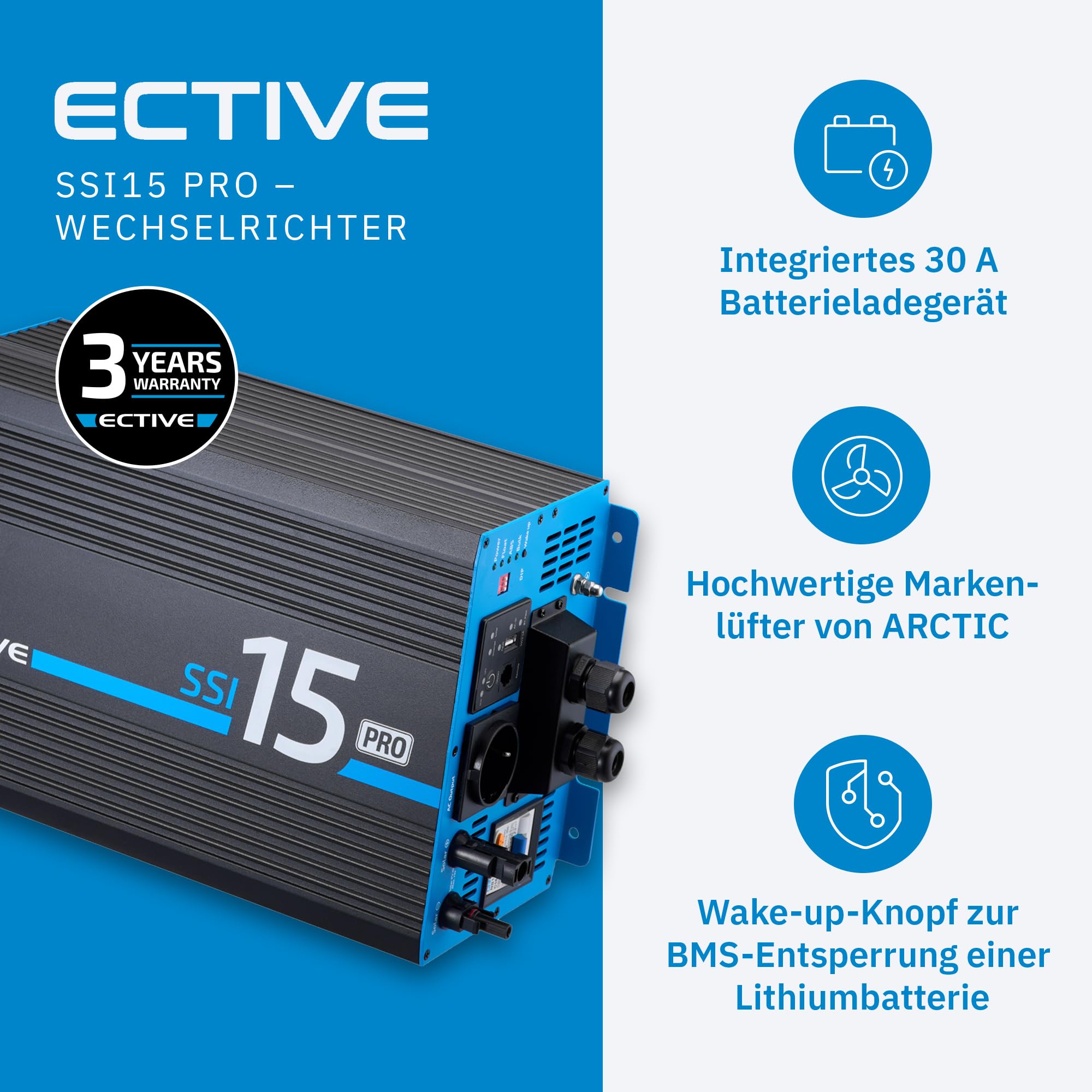ECTIVE - Wechselrichter 12V auf 230V SSI PRO 15-1000W Reine Sinuswelle - Spannungswandler DC/AC mit USB, Überlast- & Überhitzungsschutz, NSV & USV, MPPT-Solarladeregler & 30A Batterieladefunktion