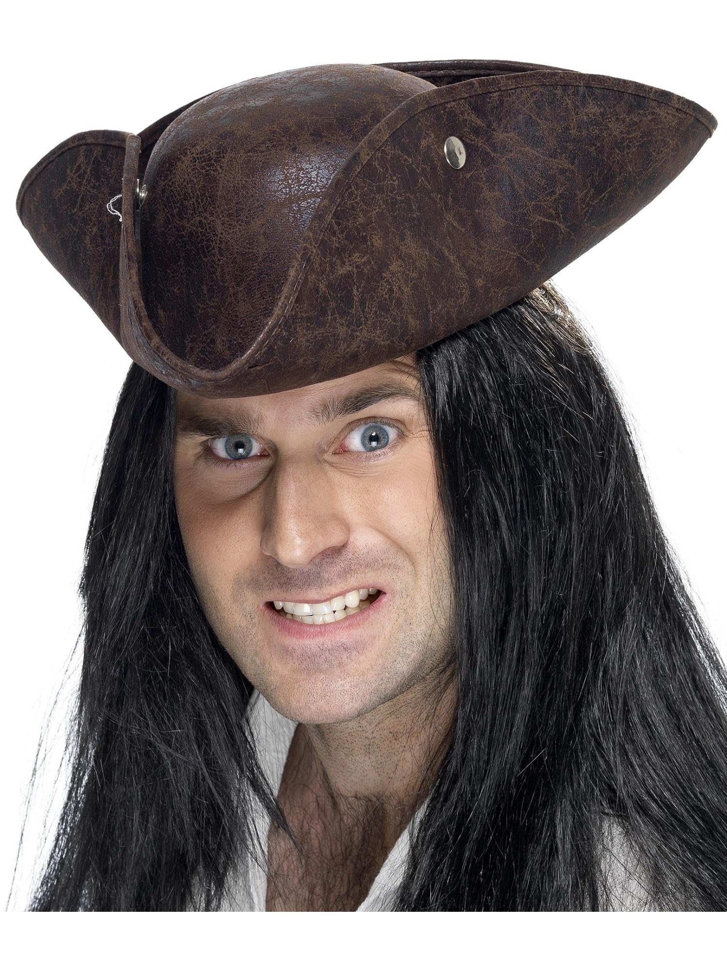 Smiffys Pirate Tricorn Hat, Brown Broken Leather Look, Pirate Fancy Dress, Adult Dress Up Hats