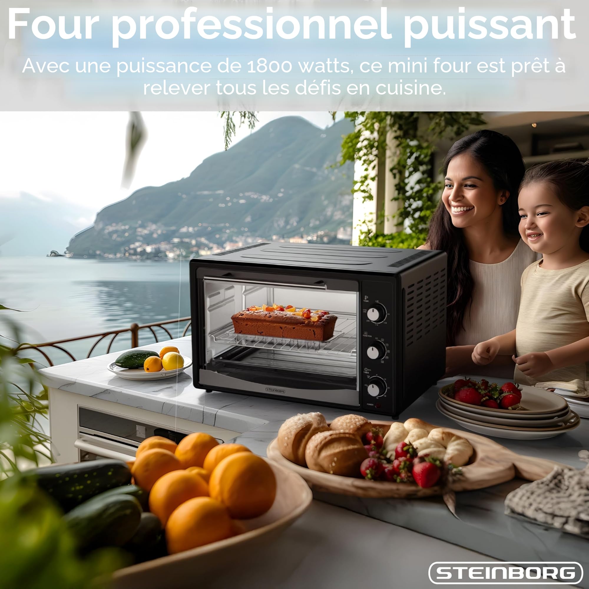 Mini four 45 l avec chaleur tournante | Tournebroche électrique | 1800 W | Four à chaleur tournante | Four à pizza | Éclairage intérieur | Avec plaque de cuisson et grille de cuisson | Mini four |