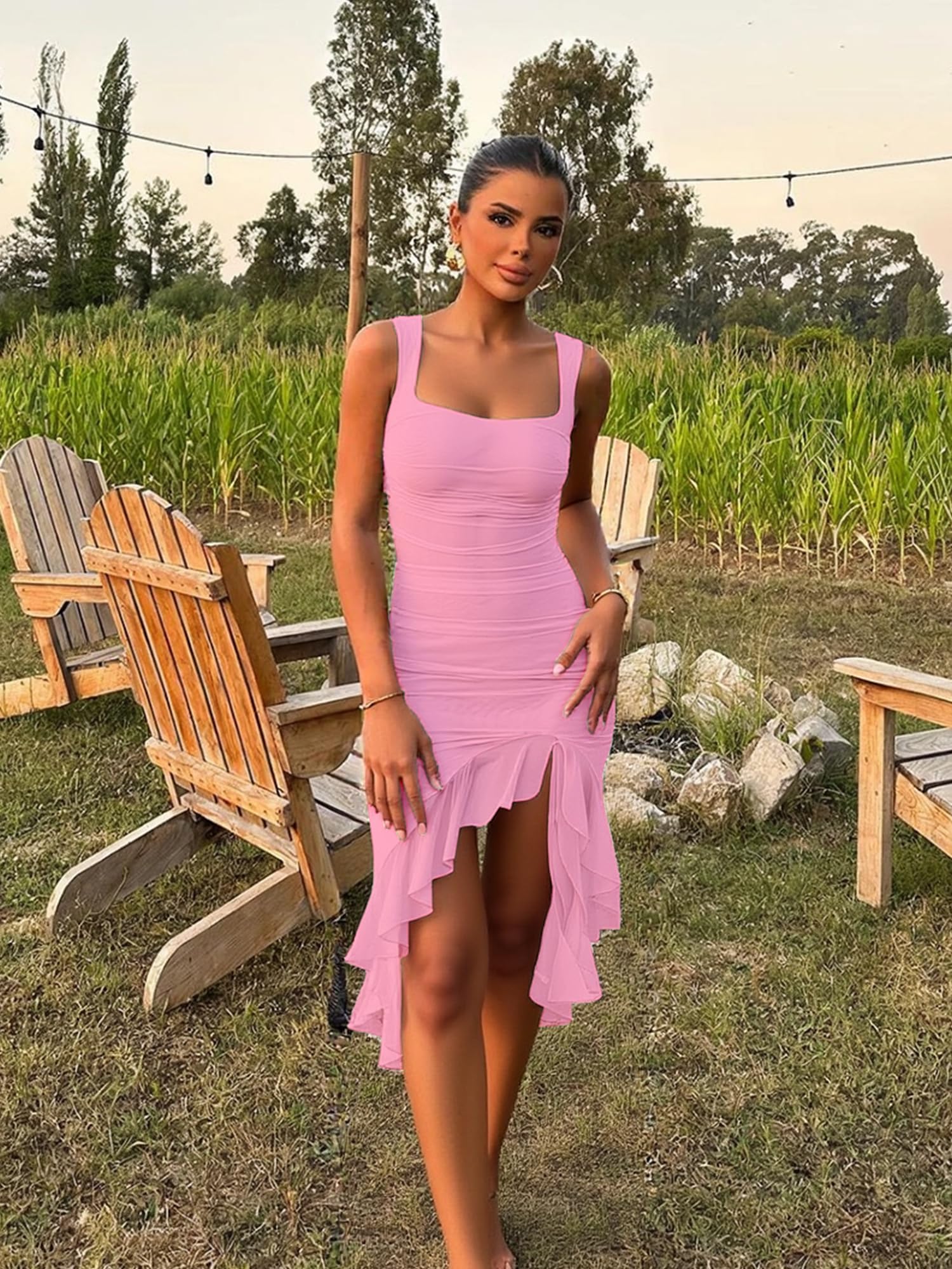 BORIFLORS Women's Sexy Ruched Bodycon Midi Dresses Square Neck Sleeveless Ruffle Hem Club Party Tank Dress: Small Pink