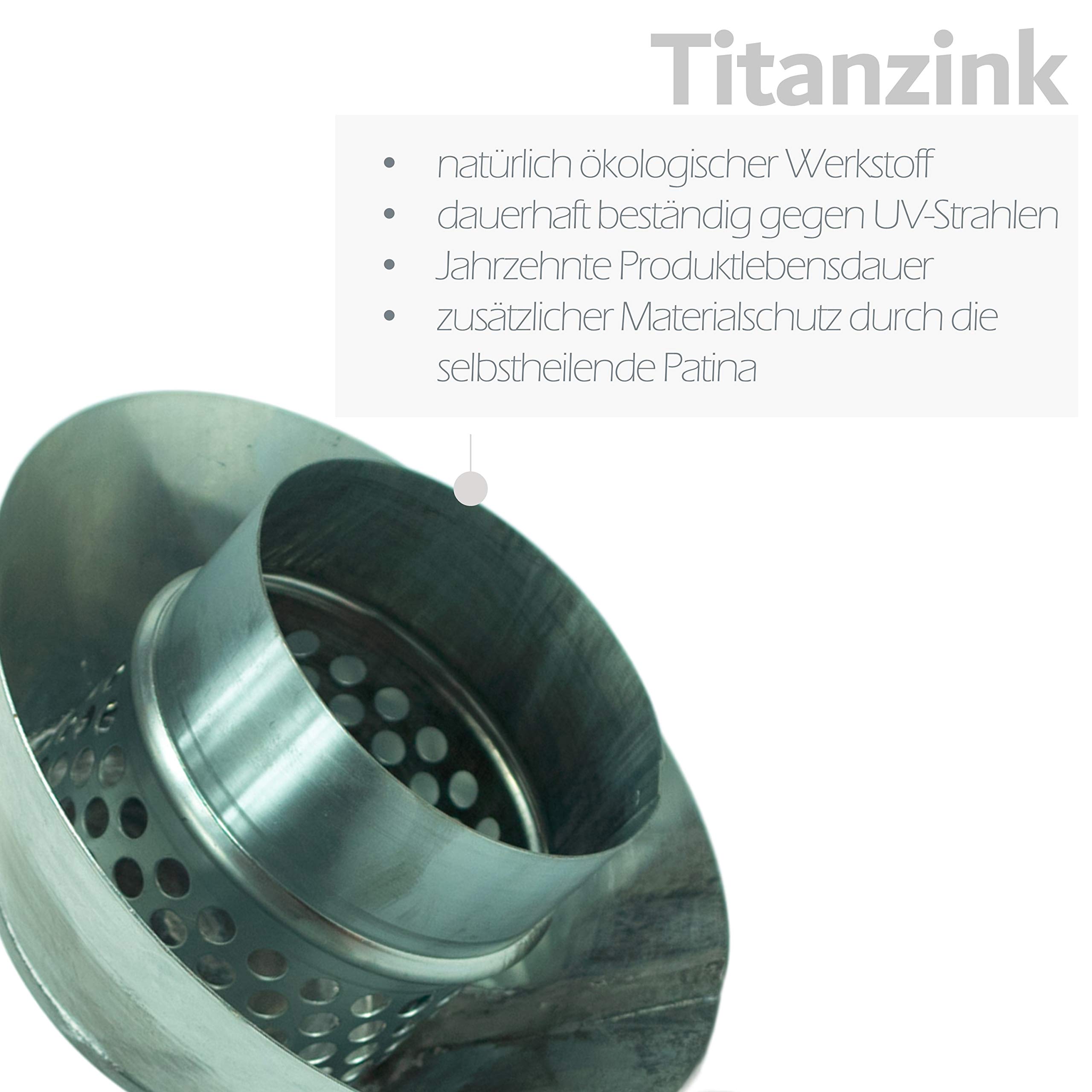 Zink Dunsthut zum Aufstecken auf ein 120 mm Lüftungsrohr - Regenhaube mit tiefer Haube verhindert das Eindringen von Regenwasser in das Rohr - Titanzink Entlüftungshaube mit Lochgitter zur Entlüftung