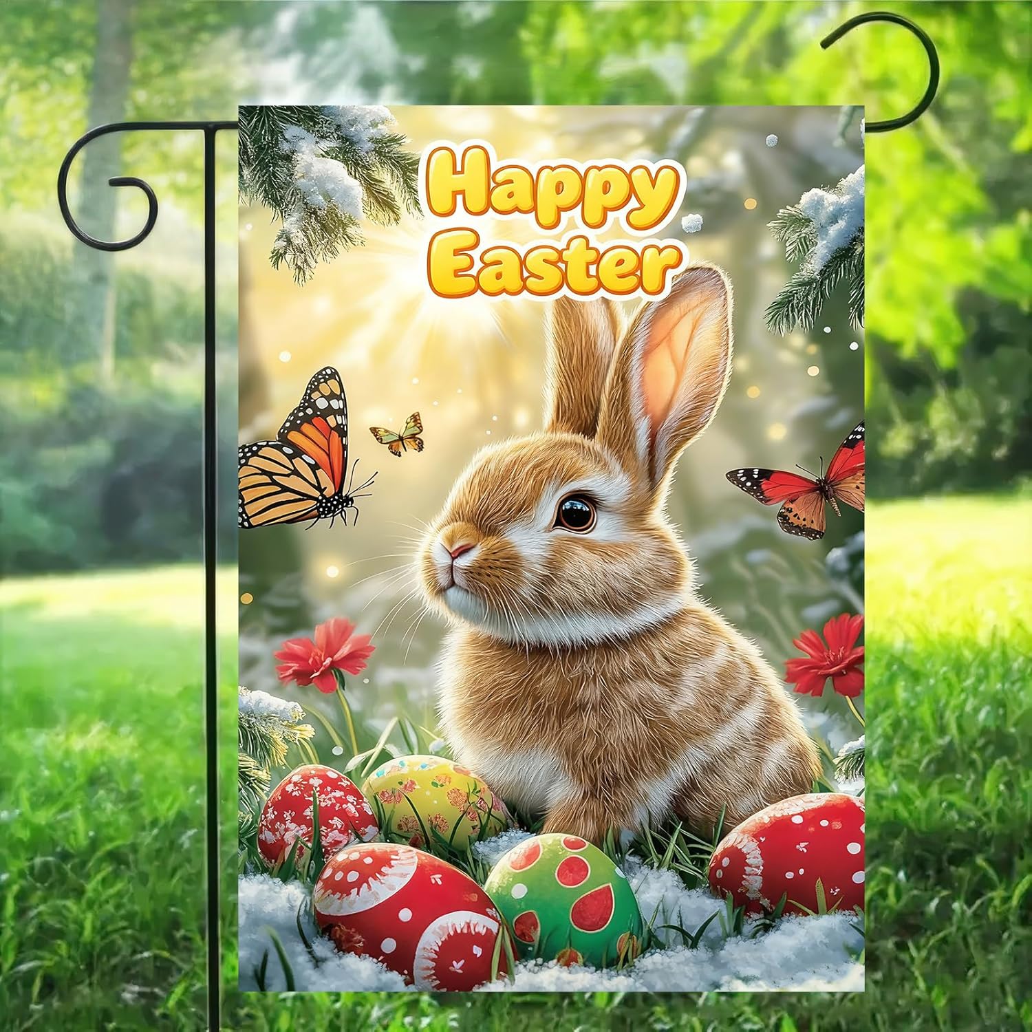 Happy Easter Garden Flags for Outside 12x18 Double Sided, Small Burlap Floral Butterfly Eggs Bunny Garden Flags Easter Holiday Outdoor Yard Decorations - Image 6