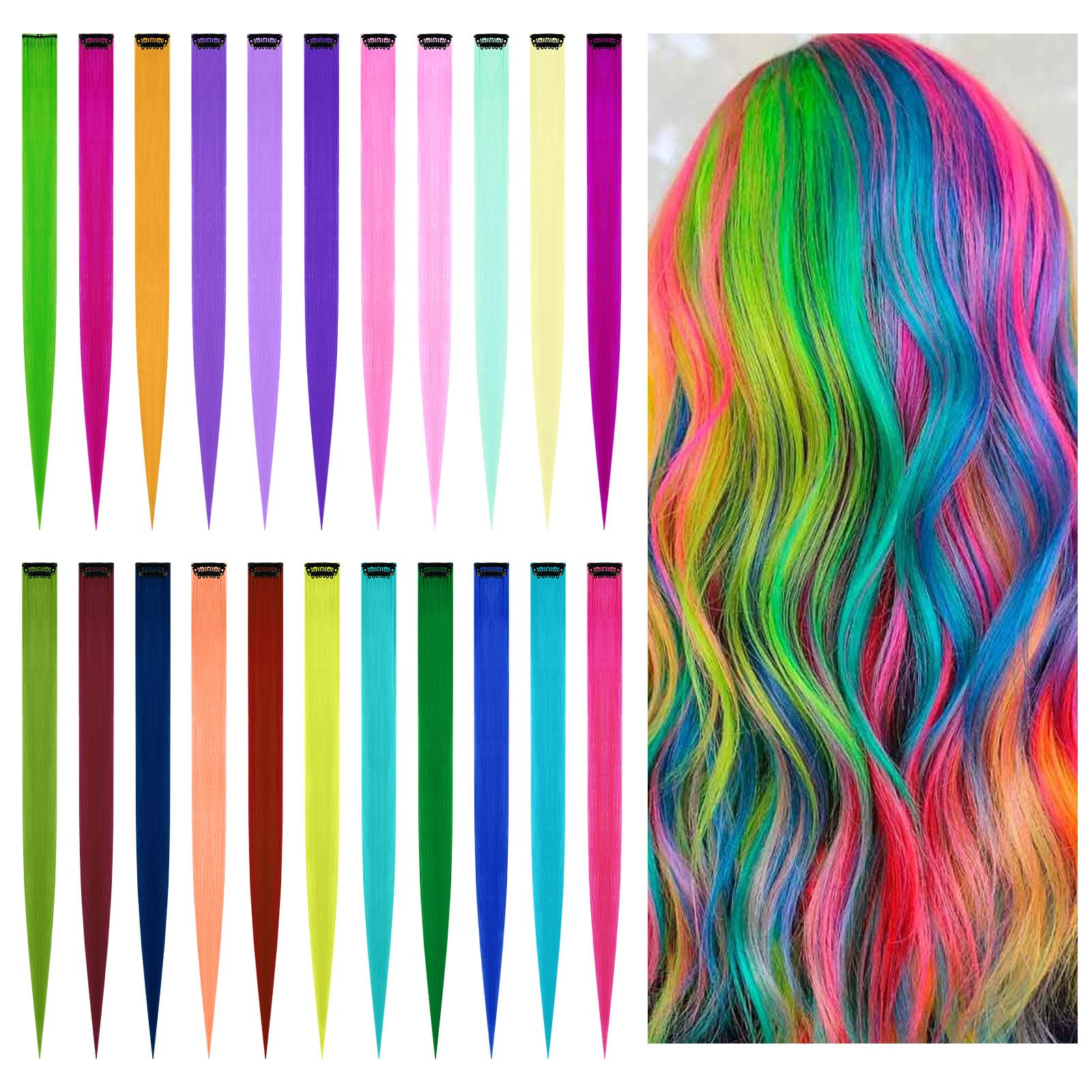 AOMIG Farbige Haarverlängerung, 22 Stück Haarsträhnen Zum Einklipsen, Bunte Haarverlängerung Clips Haarverlängerungen Extensions für Frauen/Mädchen Kinder Party Festival Deko, 50cm