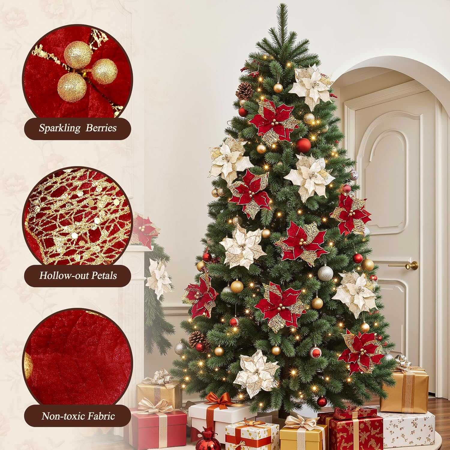 Alupssuc 30 PCS Poinsettia Christmas Flowers Artificial, Large Size 9 Inch Glitter Poinsettia Flowers Artificial, Sparkling Christmas Decorations for Xmas Tree Party Wreath Fireplace, Red Gold