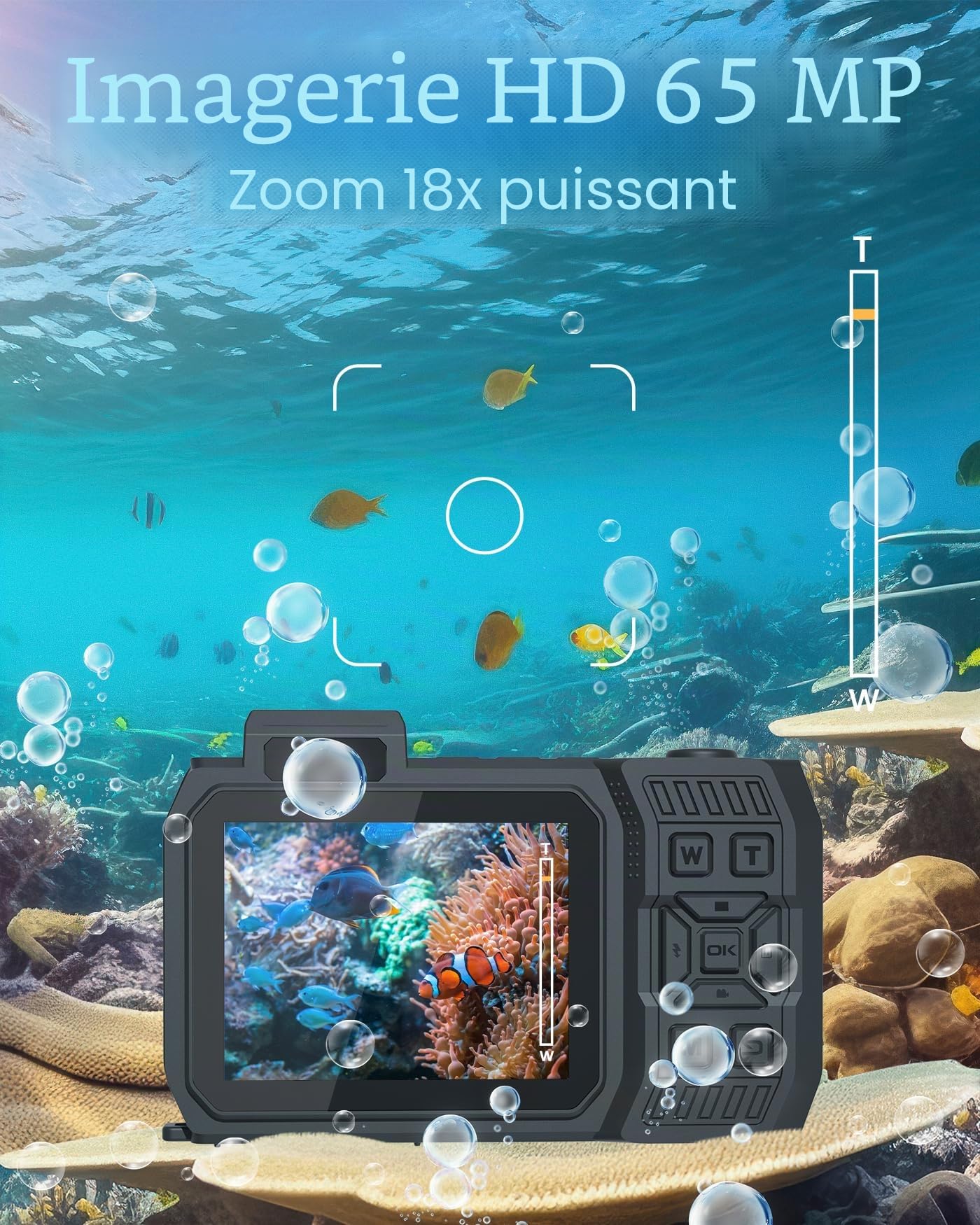 Caméra sous-marine 4 K 65 MP étanche avec carte de 64 Go autofocus selfie double écran appareil photo numérique étanche compact flottant (orange)