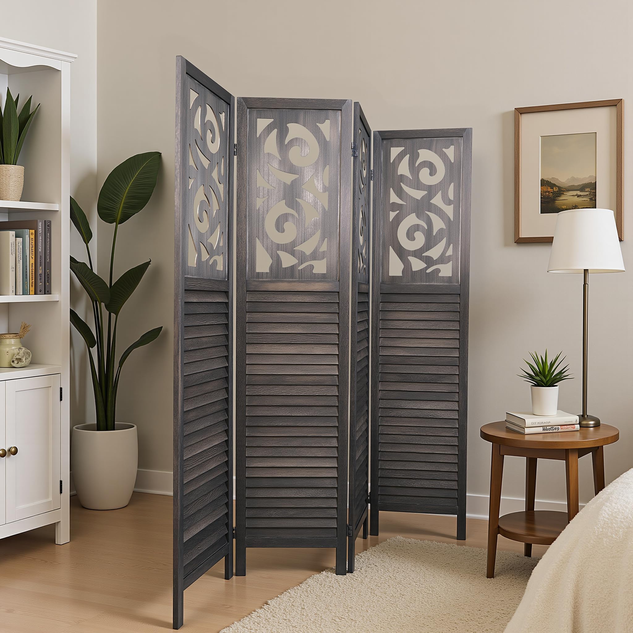 Osparple Room Divider 4 Panel Partition Room Dividers 6FT Folding Privacy Screens with Carved Cutout Design for Office and Apartment, Rustic Brown