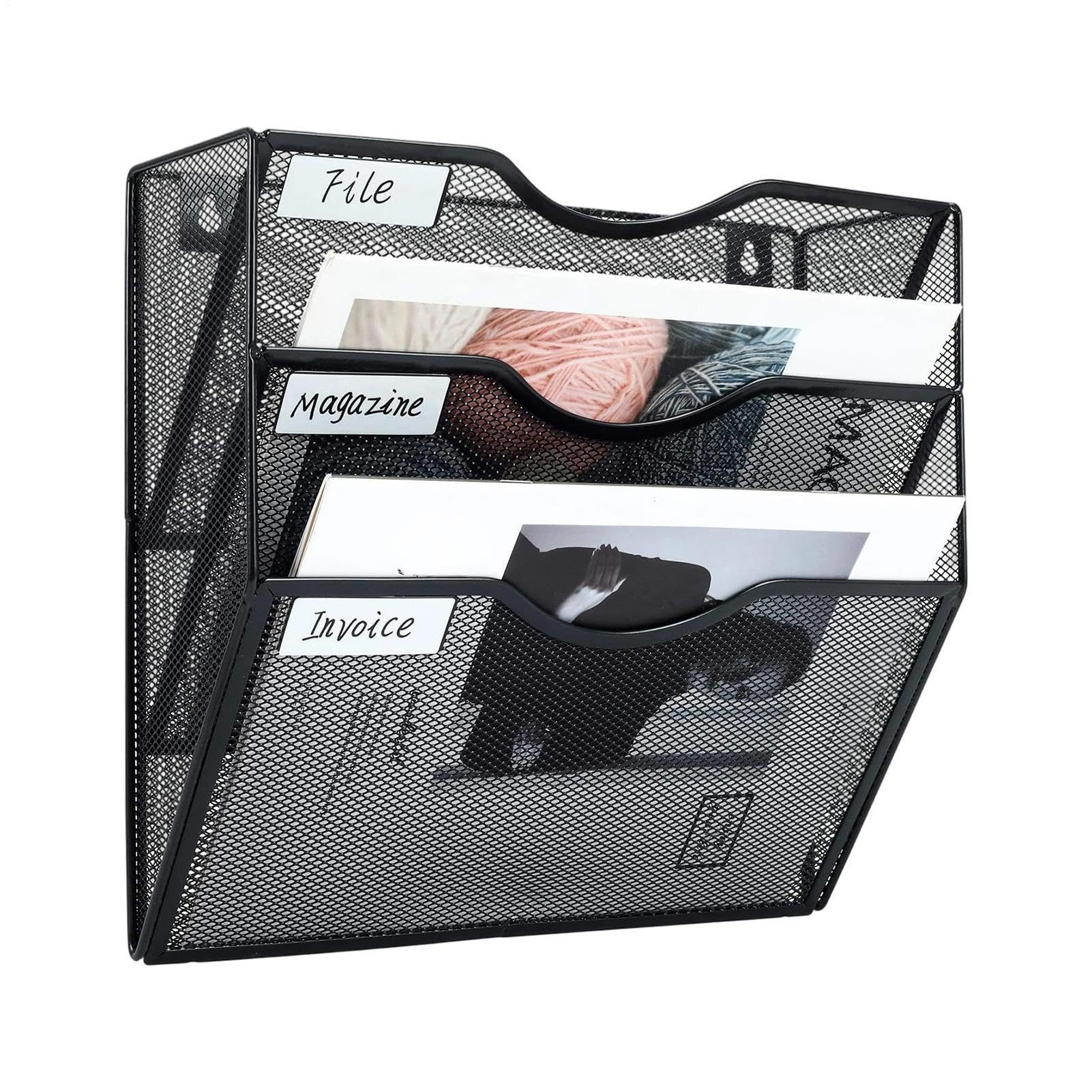 Hanging Wall File Holder with 3 Tiers - Wall Mounted Mesh Rack | Vertical Space Saving Paper Sorter with Hook | Metal Wall File - For Office, Home, Class