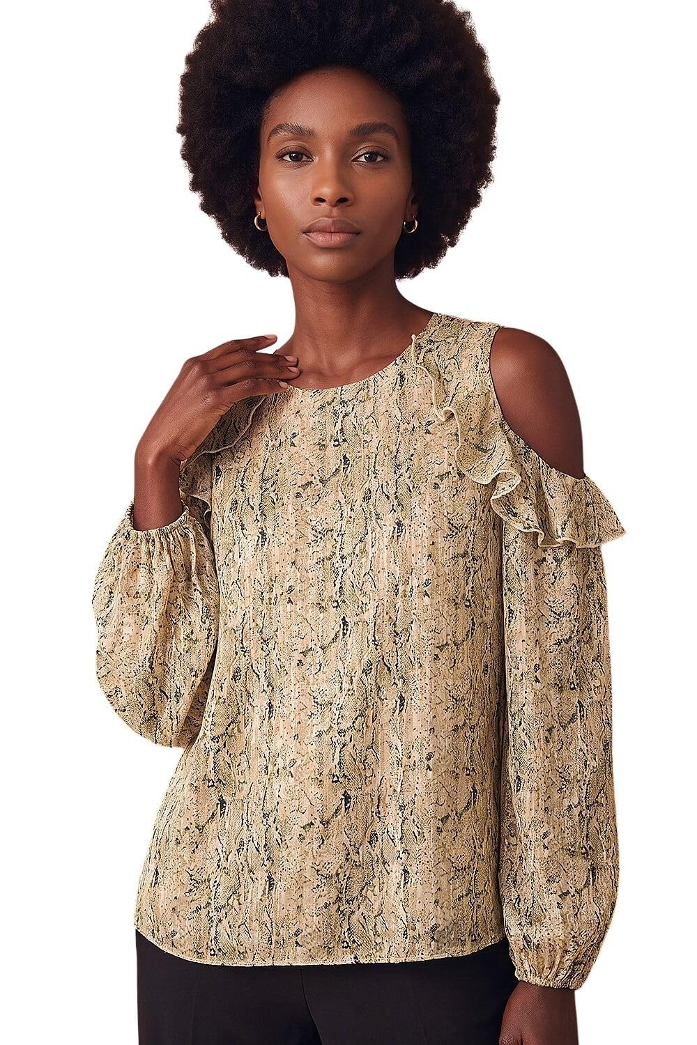 Roman Originals Spot Print Frill Cold Shoulder Top for Women UK - Ladies Everyday Holiday Spring Summer Round Neckline Comfy Soft Evening Vacation Work Party