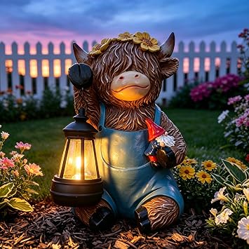 Solar Highland Cow Porch Statue with LED Lantern Garden Outdoor Decor
