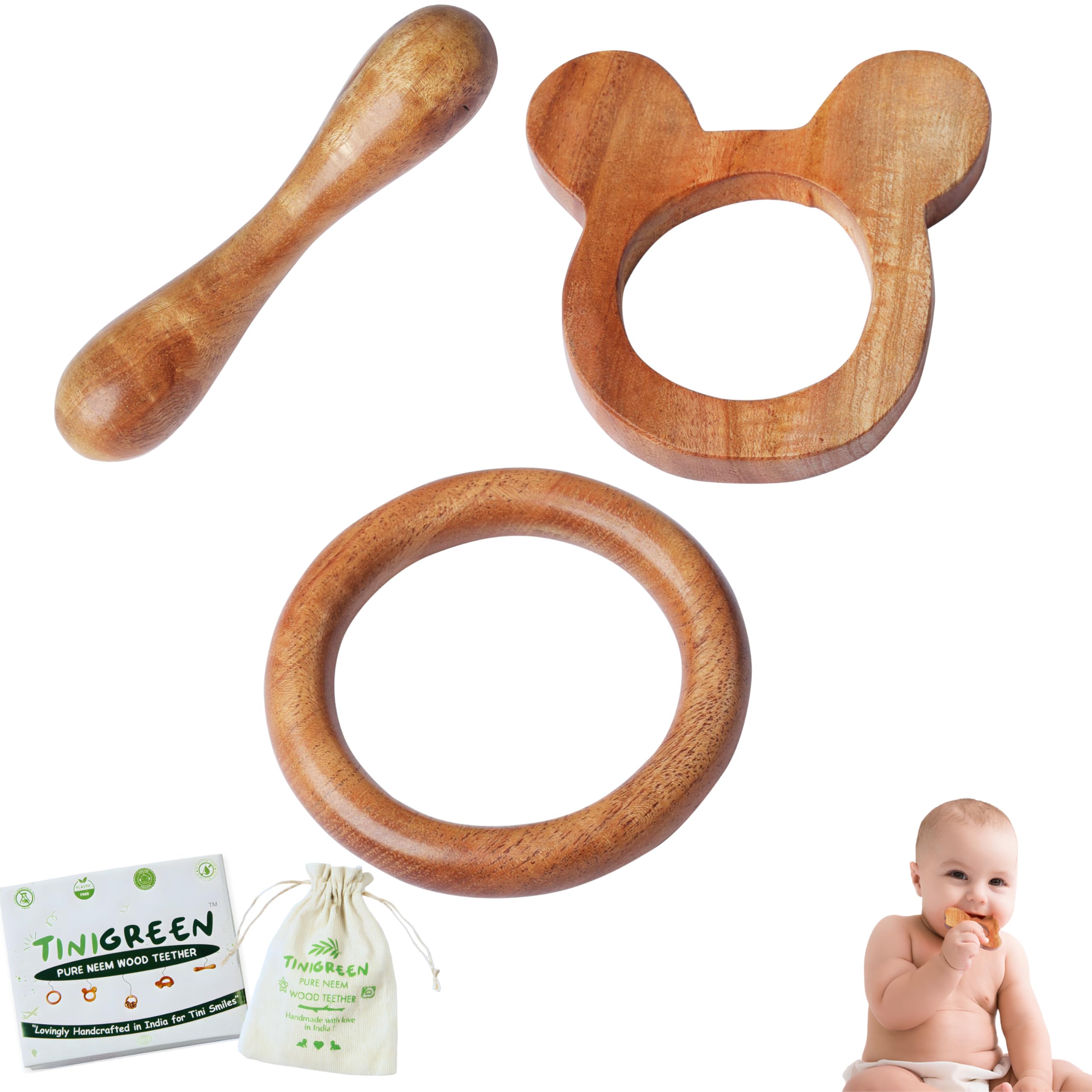 TINIGREEN Mickey Ring Dumbbell Shaped Organic Neem Wood Teether Combo for Baby (Pack of 3)-picture-38