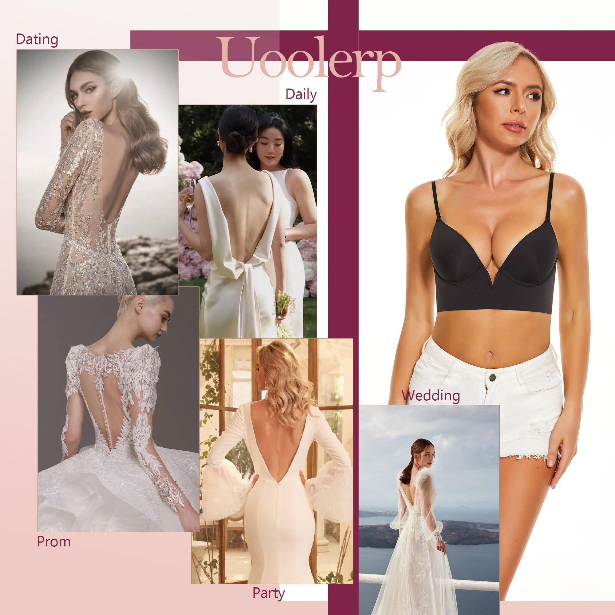 Soutien Gorge Dos Nu - Rembourrage Léger sans Couture Soutien Gorge Dos Nu Invisible Décolleté Plongeant Brassière Soutien Gorge avec Armature Bretelles Réglables