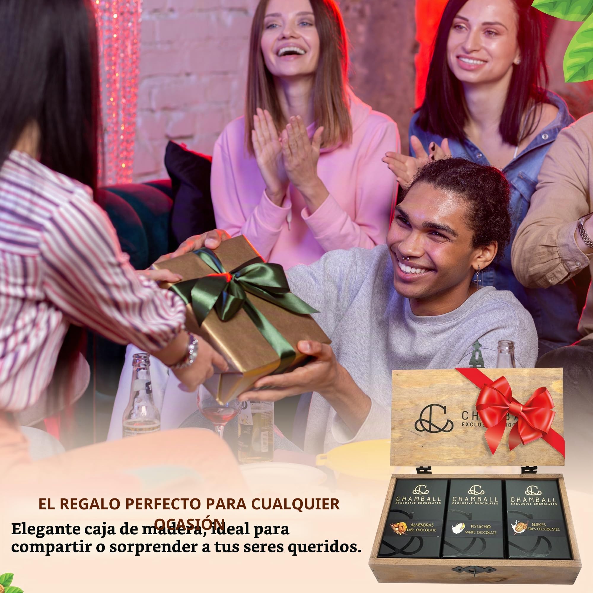 Chocolates Gourmet en Caja de Madera con Almendras, Pistachos y Nueces, Tres Chocolates | Caja Chocolate para Regalar, Chocolate Regalo, perfecto para San Valentín, Cumpleaños y Regalos Originales