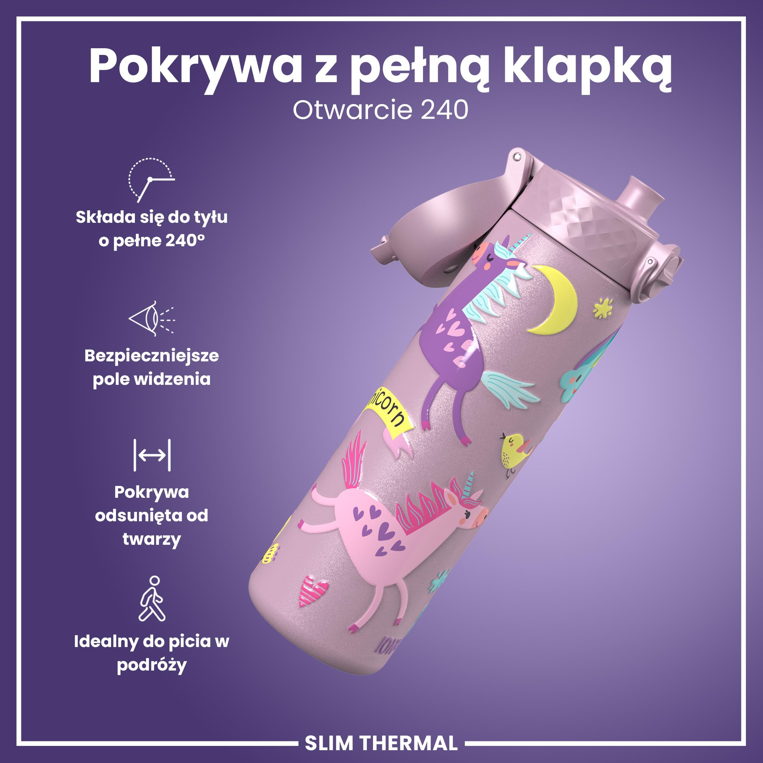 ION8 Termoizolowana Butelka na Wodę, Stali Nierdzewnej, 500 ml/18 oz, Szczelna, Łatwa w Otwieraniu, Bezpieczny Zamek, Można Myć w Zmywarce, Uchwyt do Przenoszenia, Metalowa Butelka, Liliowe Jednorożce