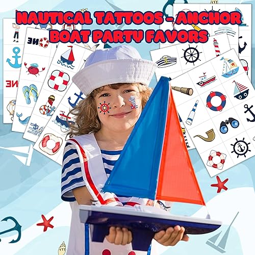Miniatura 3 de 8 hojas (96 piezas) de tatuajes temporales náuticos temáticos de fiesta de cumpleaños, suministros de decoración de recuerdos para niños y niñas,