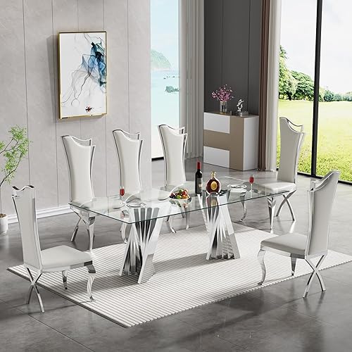Miniatura 52 de SSLine Moderno juego de mesa de comedor de cristal de 7 piezas para 6 mesas de cocina y sillas de cristal dorado de lujo para 6 elegantes mesas de