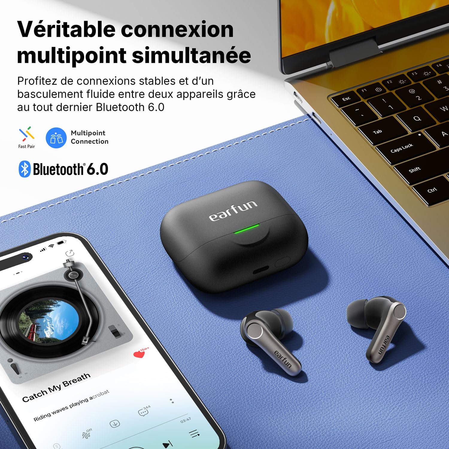EarFun Air Pro 4+ Ecouteurs Bluetooth sans Fil, avec ANC | Double Transducteur, Qualcomm aptX Lossless, 6 micros, Hi-Res, LDAC, Bluetooth 6.0, 54 H de Lecture, Recharge sans fil, Noir