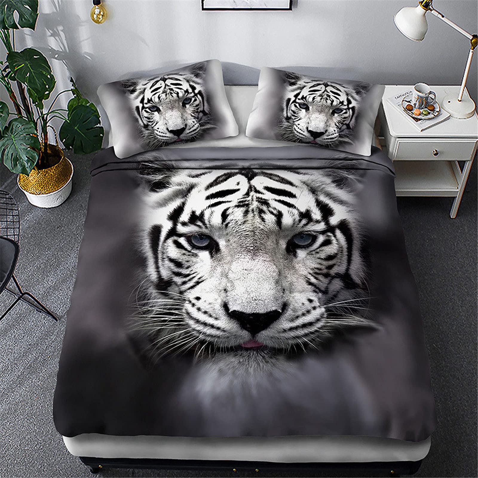 Meiju-Shop Men's Grey Tiger Meiju 3D Bedding Set For Single Double Super King Duvet Cover Set 3 Piece, Lion Tiger Printed Microfibre Bed Set With Quilt Cover With Zipper & Pillowcases 50X75cm (,200X200cm)