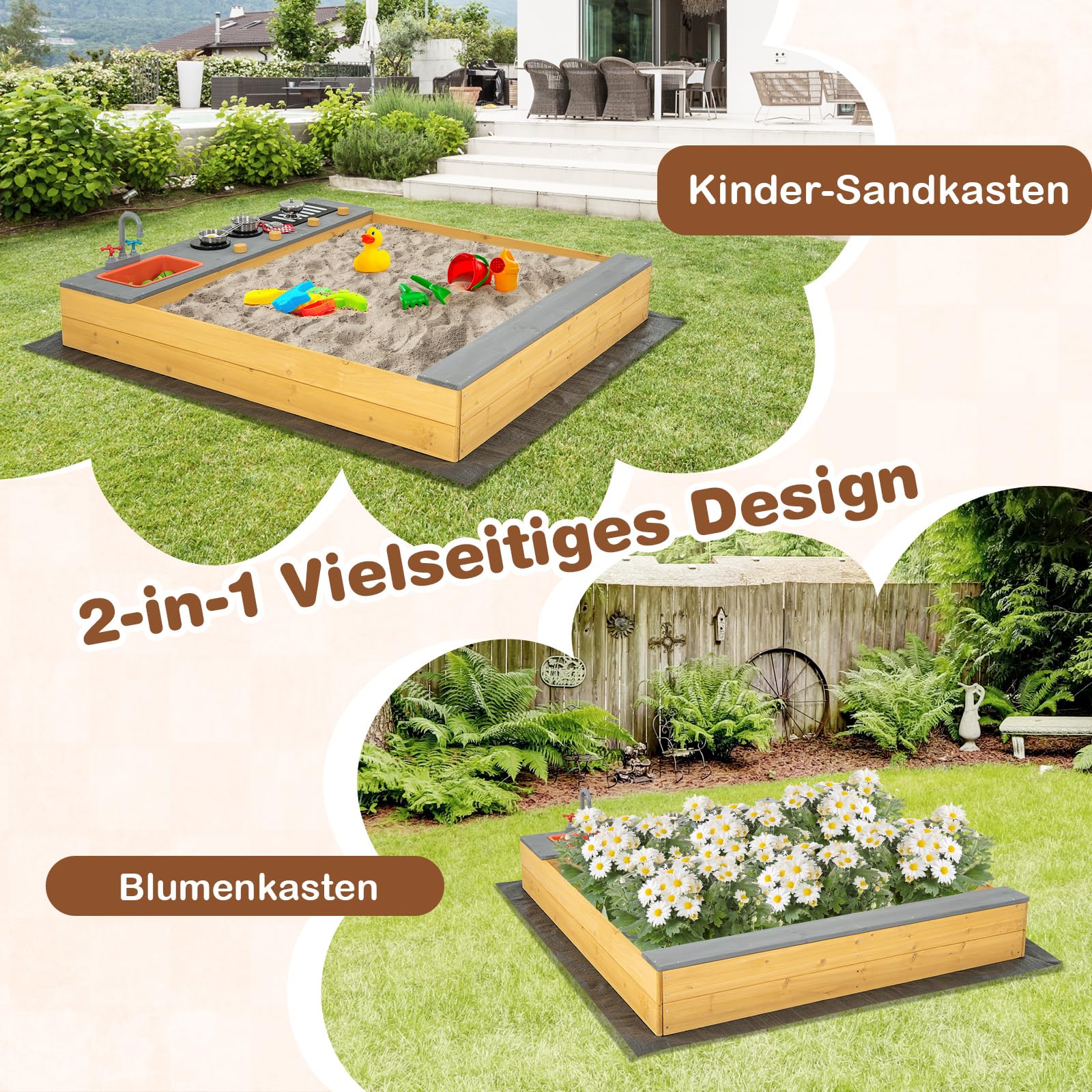 COSTWAY Sandkasten aus Massivholz, Sandkiste mit 9 Küchenzubehör & Wasserhahn & Waschbecken, Sandbox inkl. Bodenplane, Kindersandkasten Outdoor für Garten Strand Balkon