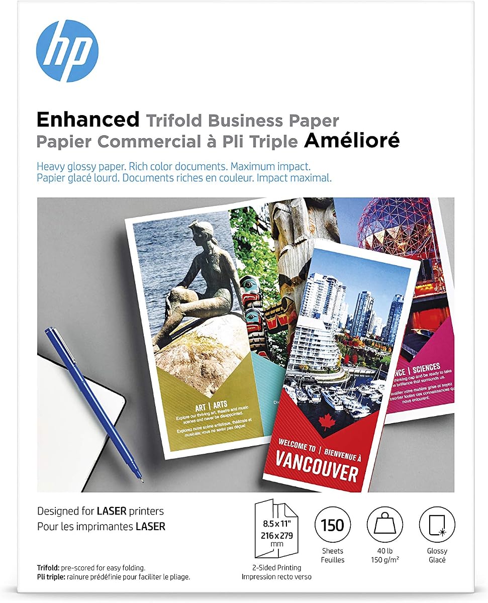 Papel empresarial HP mejorado tríptico, brillante, 8,5 x 11 pulgadas, 40 lb, 150 hojas, funciona con impresoras láser (Q6612A)