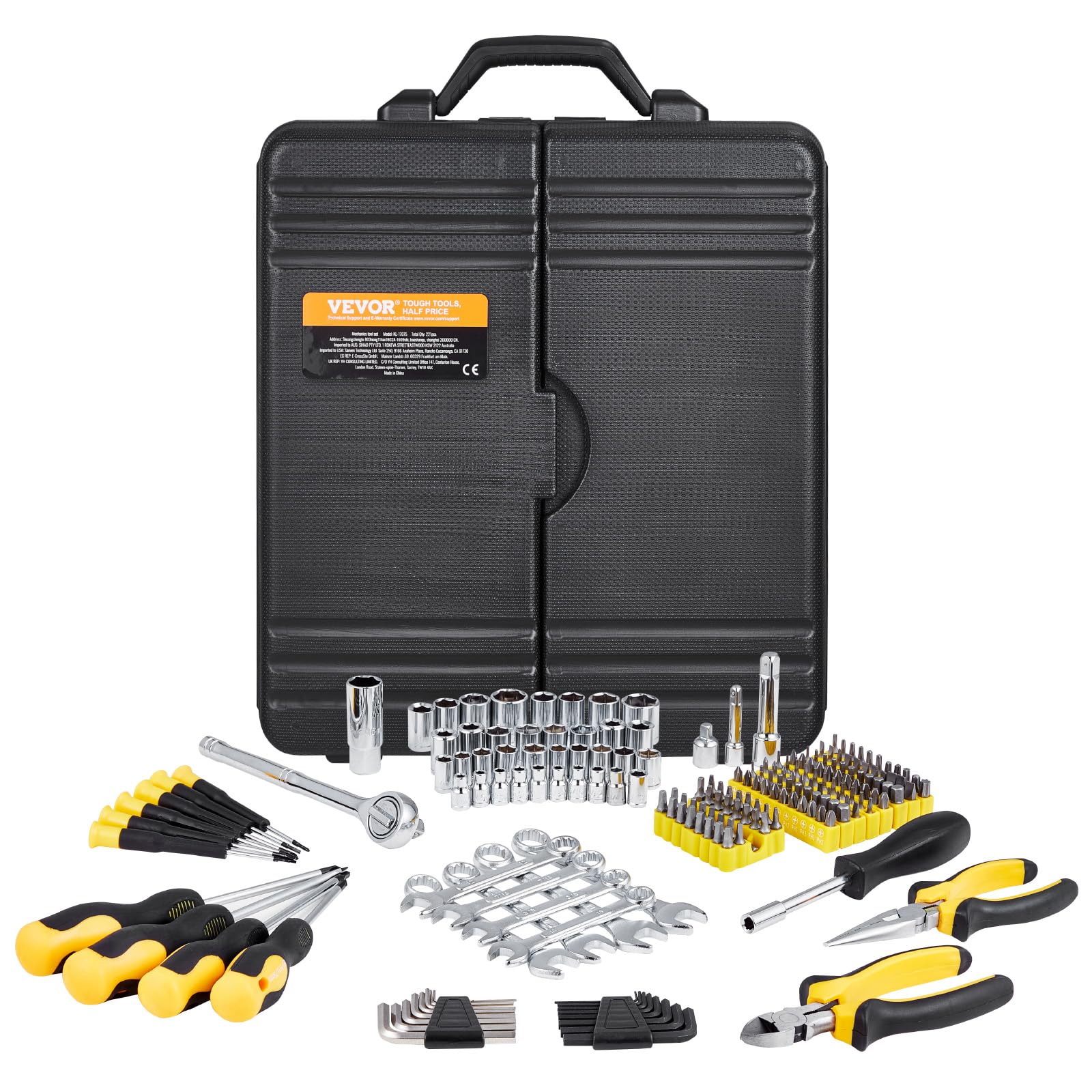 VEVOR 221-częściowy zestaw narzędzi mechanicznych, gniazda napędowe 1/10.2 cm i 3/20.3 cm, SAE i metryczny zestaw narzędzi mechanicznych z bitami, kluczami, uchwytem grzechotkowym, akcesoriami i